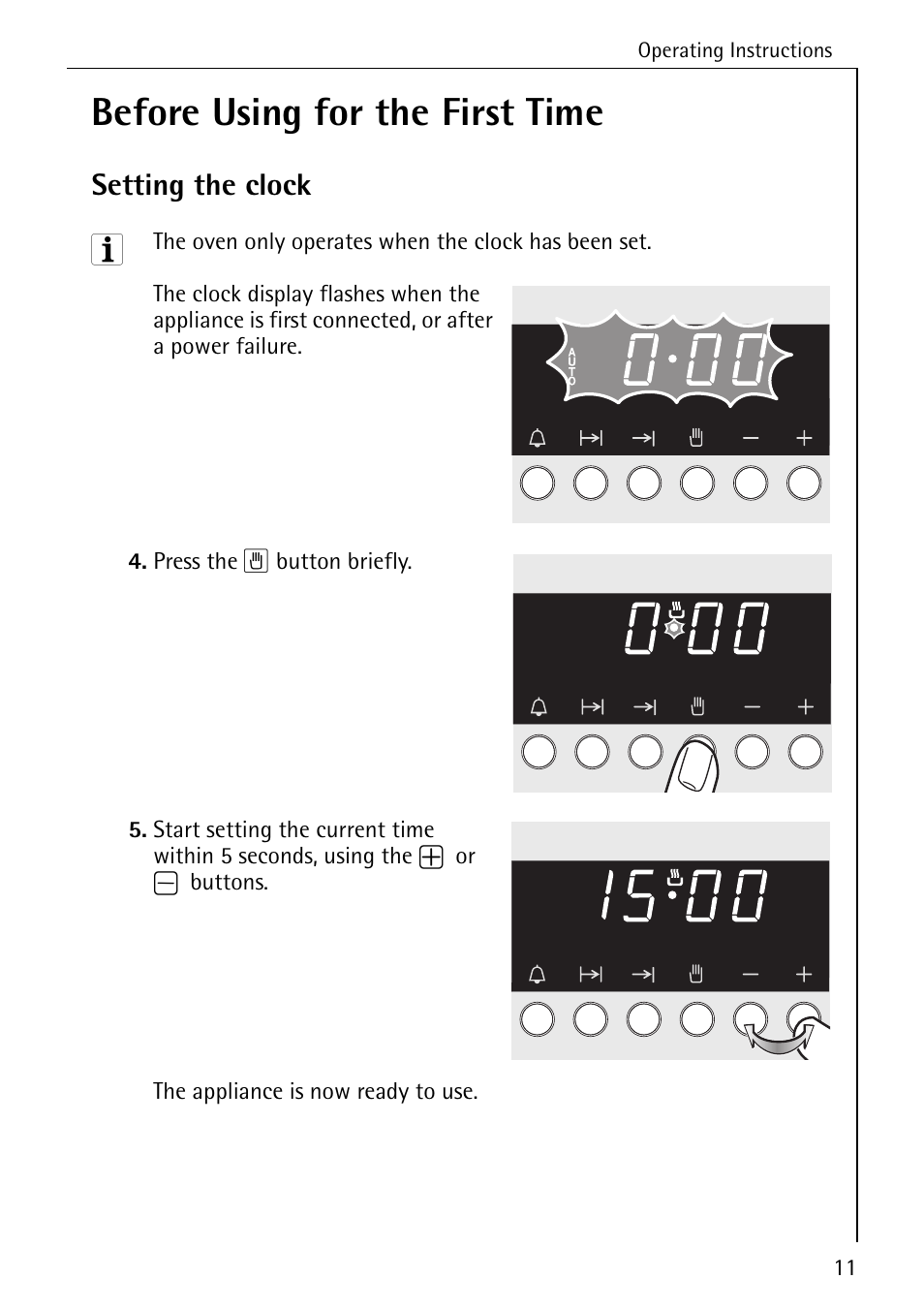 Before using for the first time, Setting the clock | AEG COMPETENCE E4100-1 User Manual | Page 11 / 68