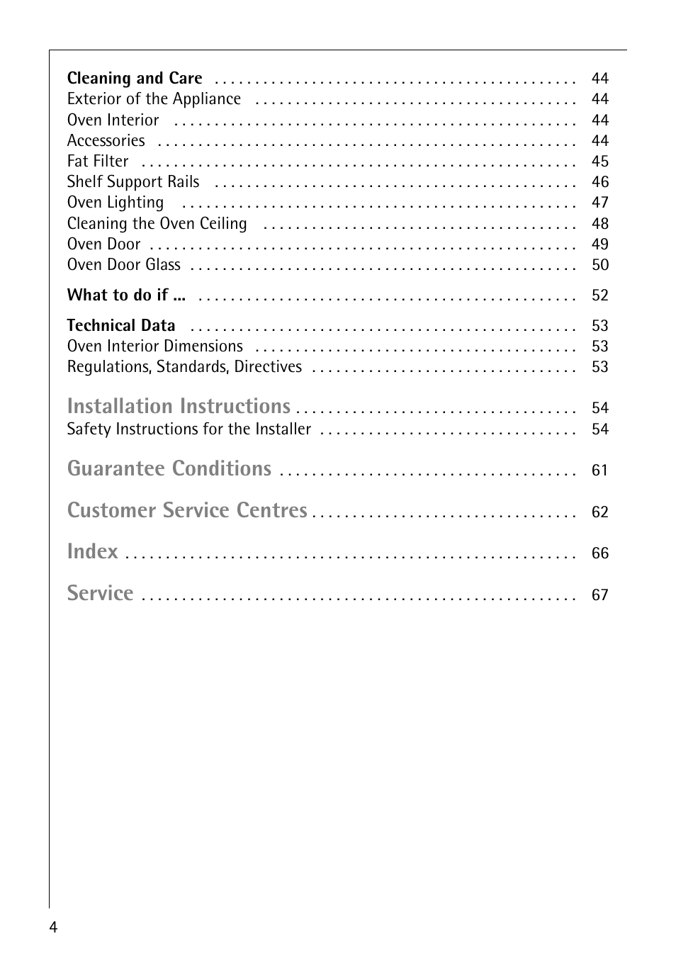 Installation instructions, Guarantee conditions, Customer service centres | Index, Service | AEG COMPETENCE E4100-1 User Manual | Page 4 / 68