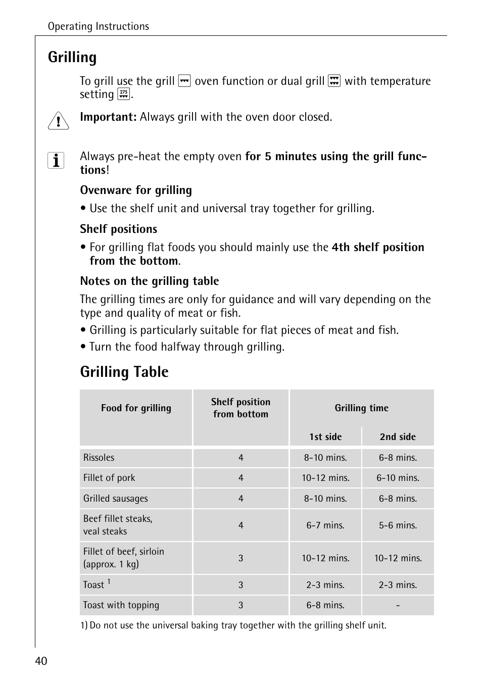 Grilling, Grilling table | AEG COMPETENCE E4100-1 User Manual | Page 40 / 68