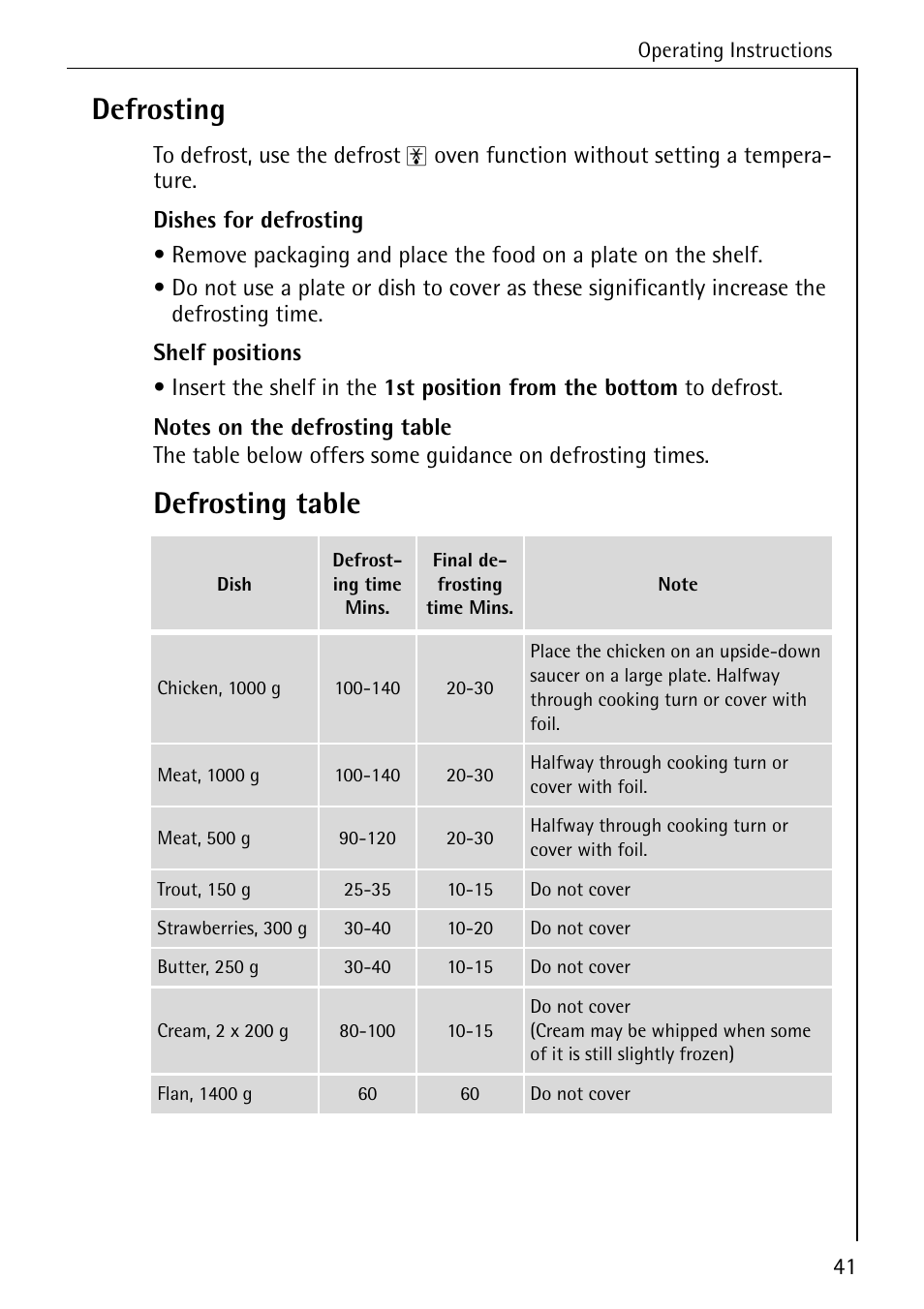 Defrosting, Defrosting table | AEG COMPETENCE E4100-1 User Manual | Page 41 / 68