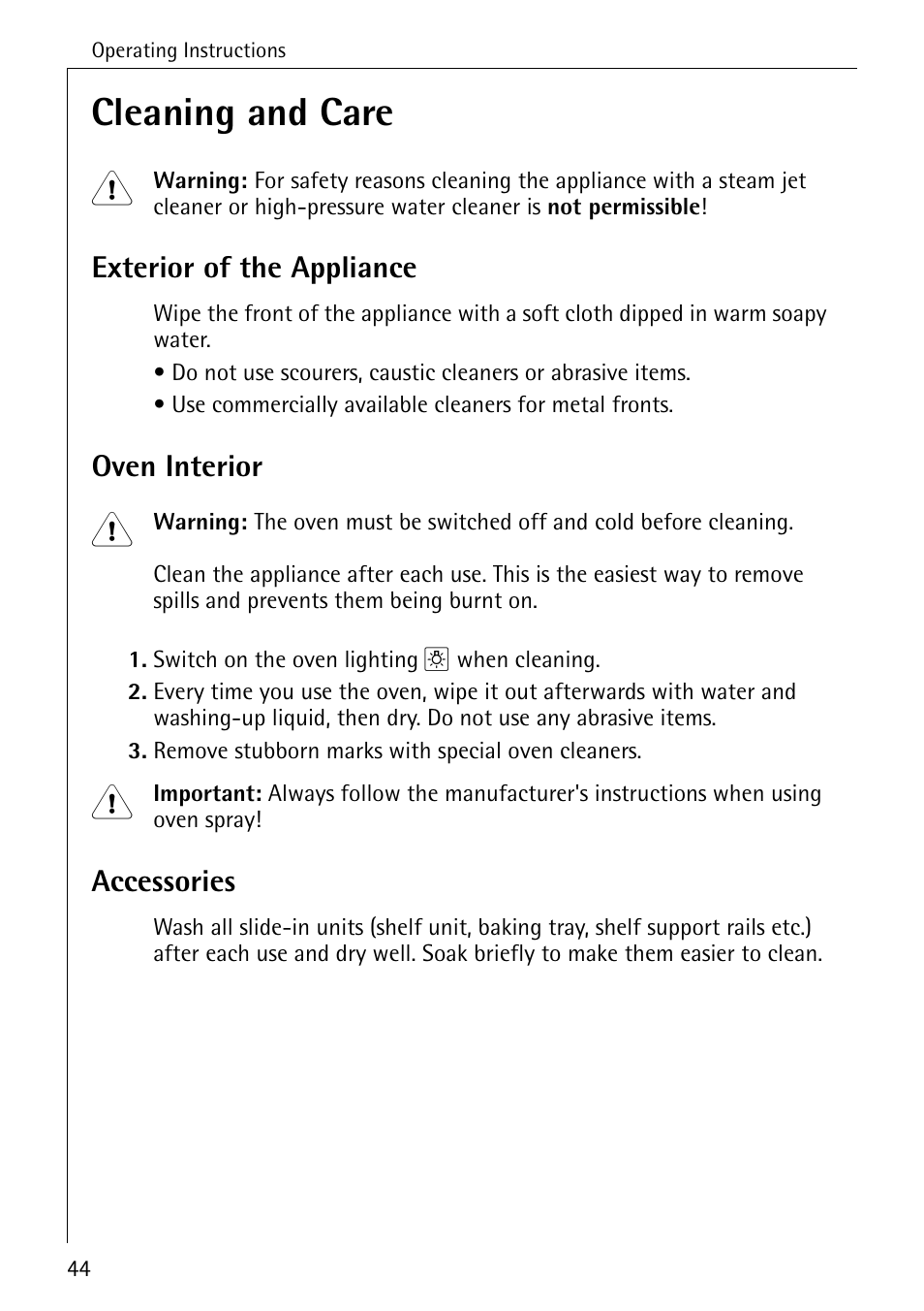 Cleaning and care, Exterior of the appliance, Oven interior | Accessories | AEG COMPETENCE E4100-1 User Manual | Page 44 / 68