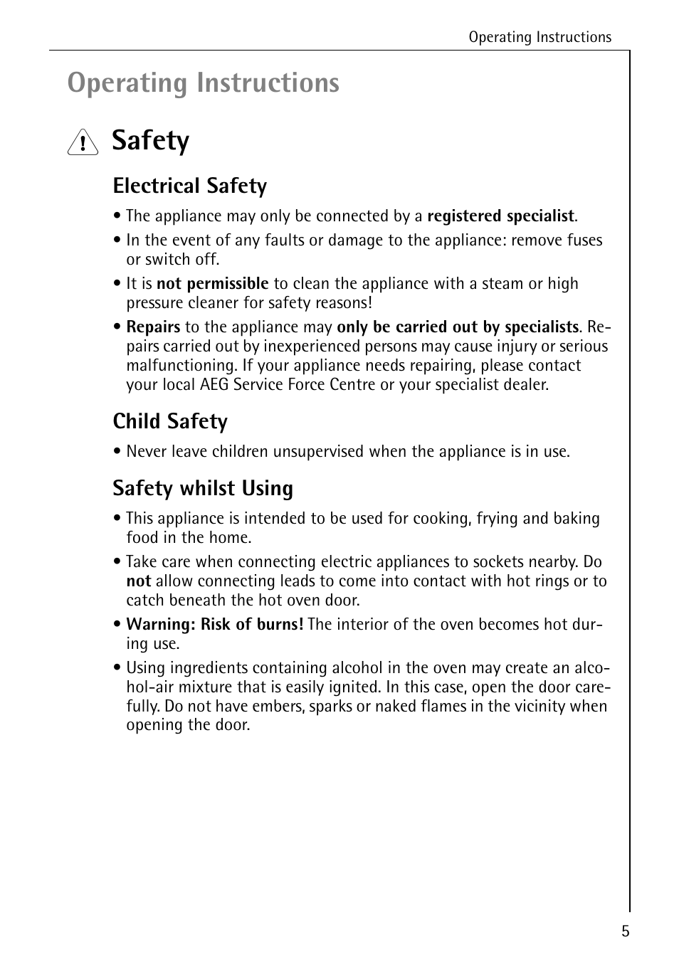 Operating instructions, Safety, Electrical safety | Child safety, Safety whilst using | AEG COMPETENCE E4100-1 User Manual | Page 5 / 68