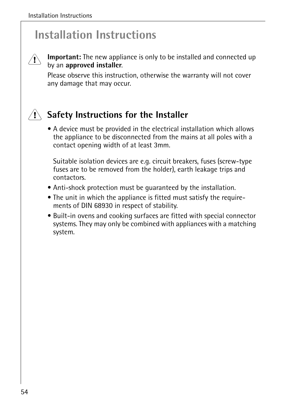 Installation instructions, Safety instructions for the installer | AEG COMPETENCE E4100-1 User Manual | Page 54 / 68