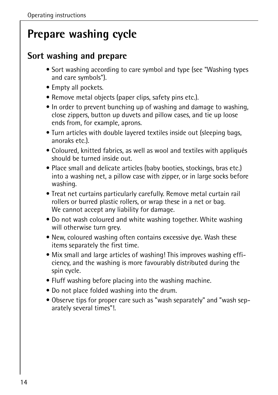 Prepare washing cycle, Sort washing and prepare | AEG LAVAMAT 62600 User Manual | Page 14 / 52