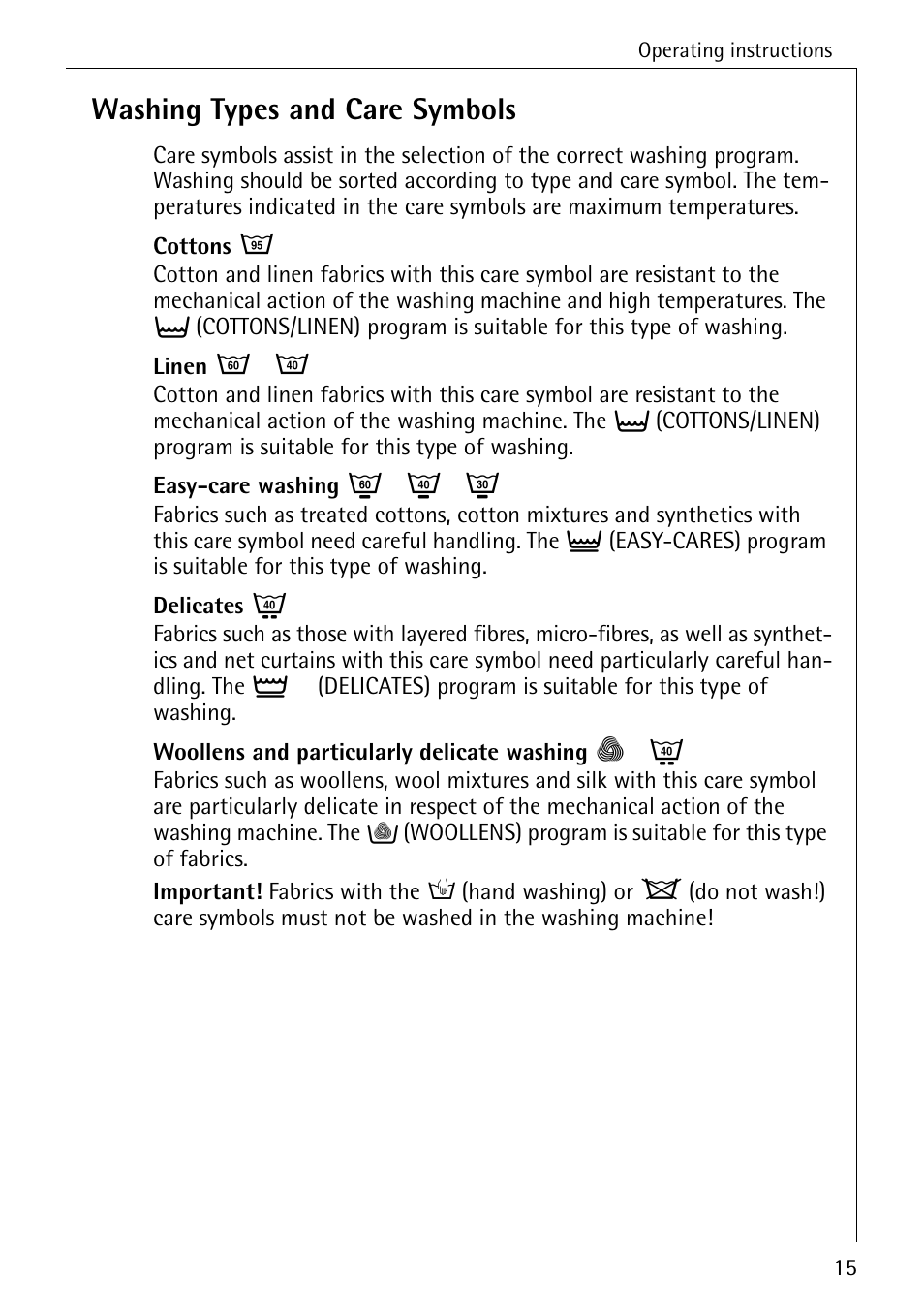 Washing types and care symbols | AEG LAVAMAT 62600 User Manual | Page 15 / 52