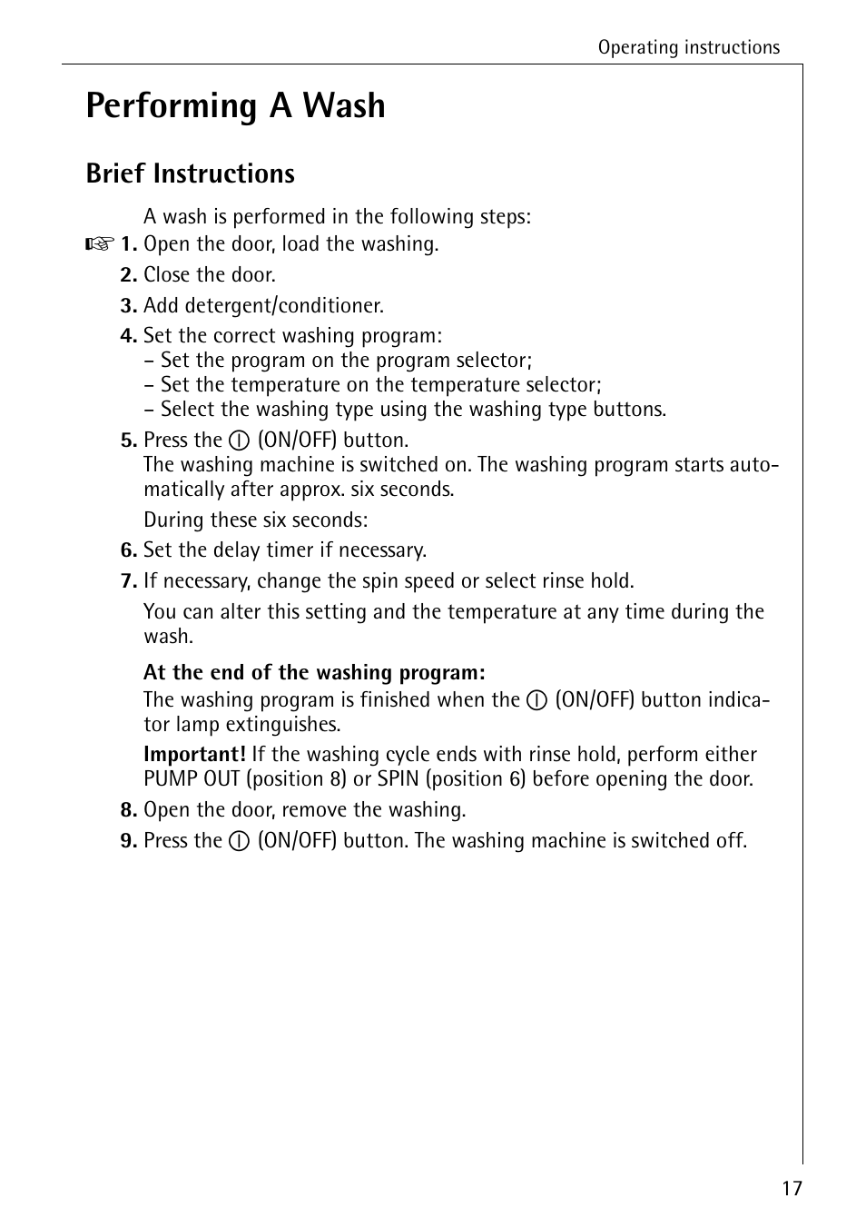 Performing a wash, Brief instructions | AEG LAVAMAT 62600 User Manual | Page 17 / 52