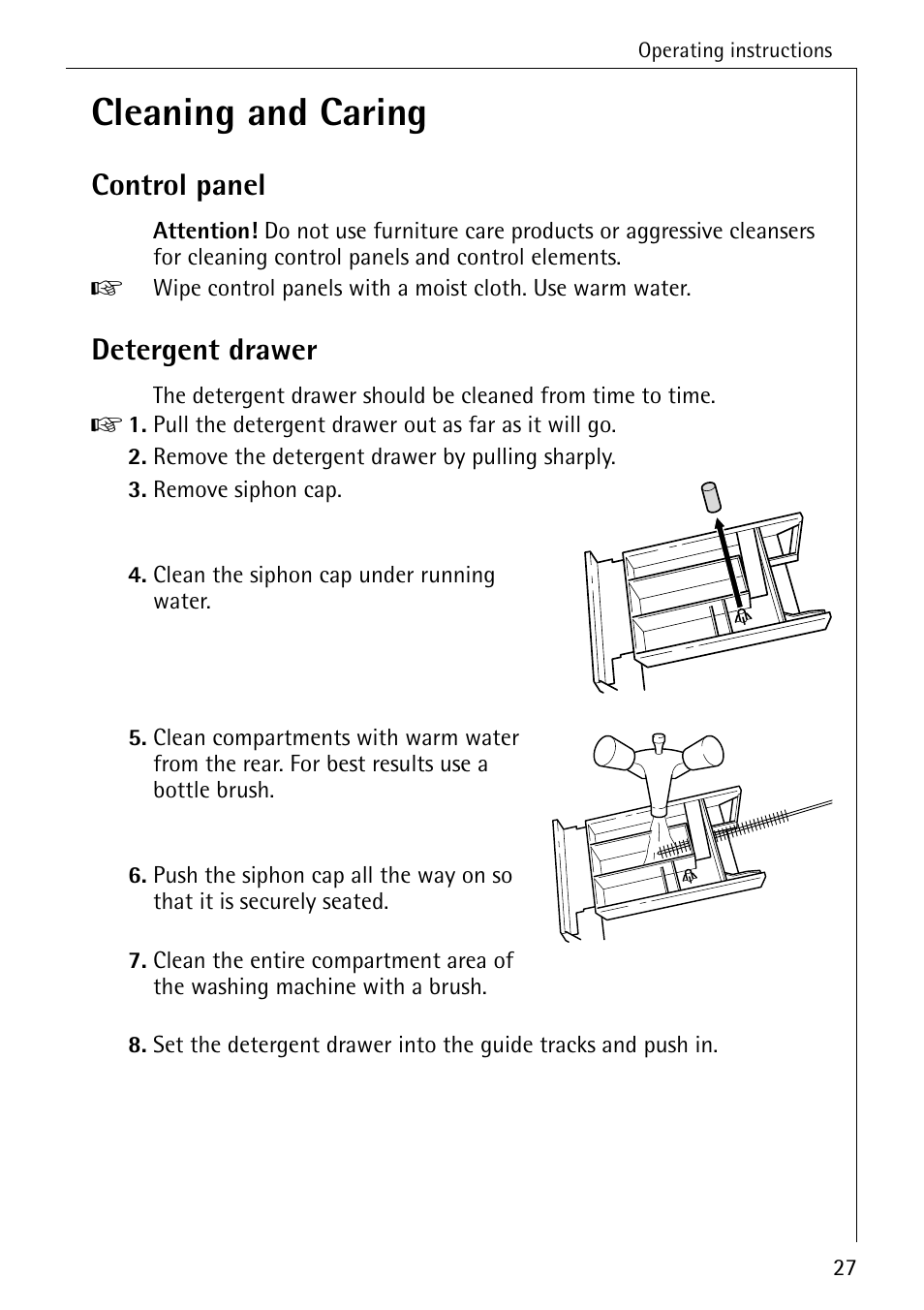 Cleaning and caring, Control panel, Detergent drawer | AEG LAVAMAT 62600 User Manual | Page 27 / 52