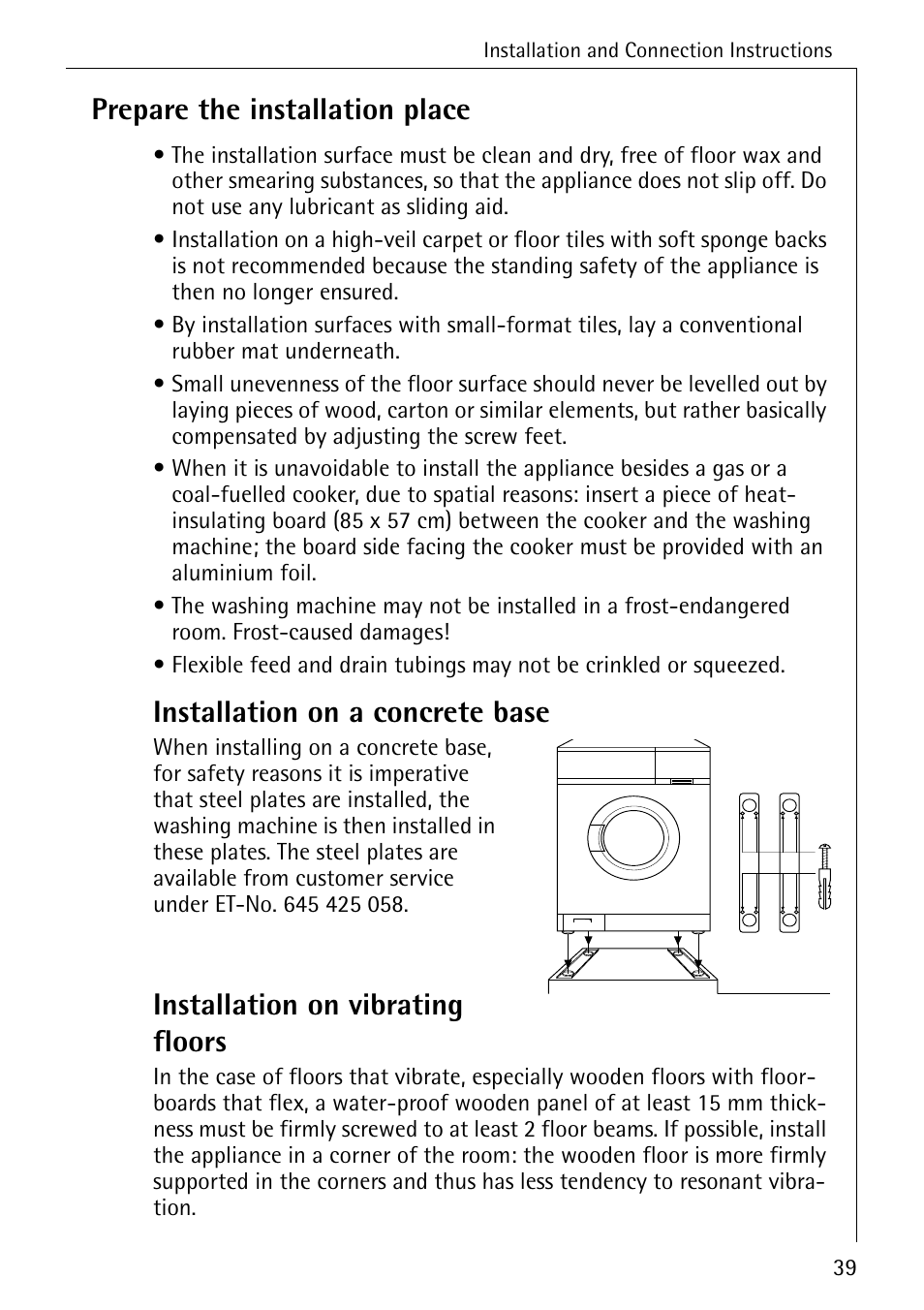 Prepare the installation place, Installation on a concrete base, Installation on vibrating floors | AEG LAVAMAT 62600 User Manual | Page 39 / 52