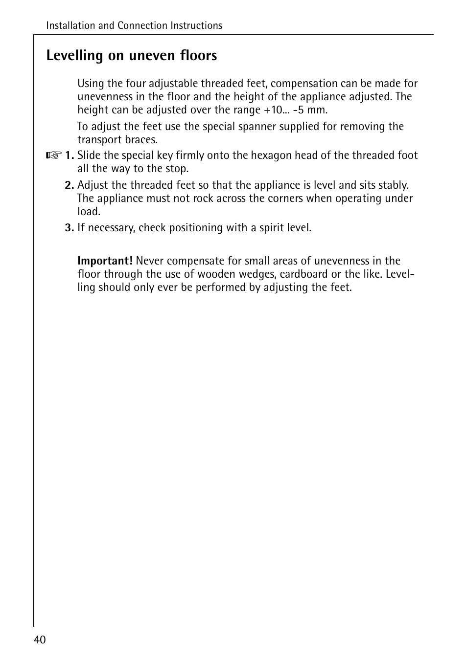 Levelling on uneven floors | AEG LAVAMAT 62600 User Manual | Page 40 / 52