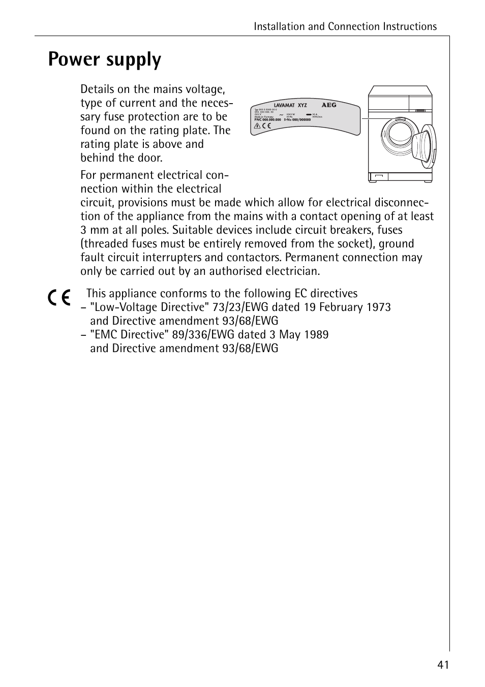 Power supply | AEG LAVAMAT 62600 User Manual | Page 41 / 52