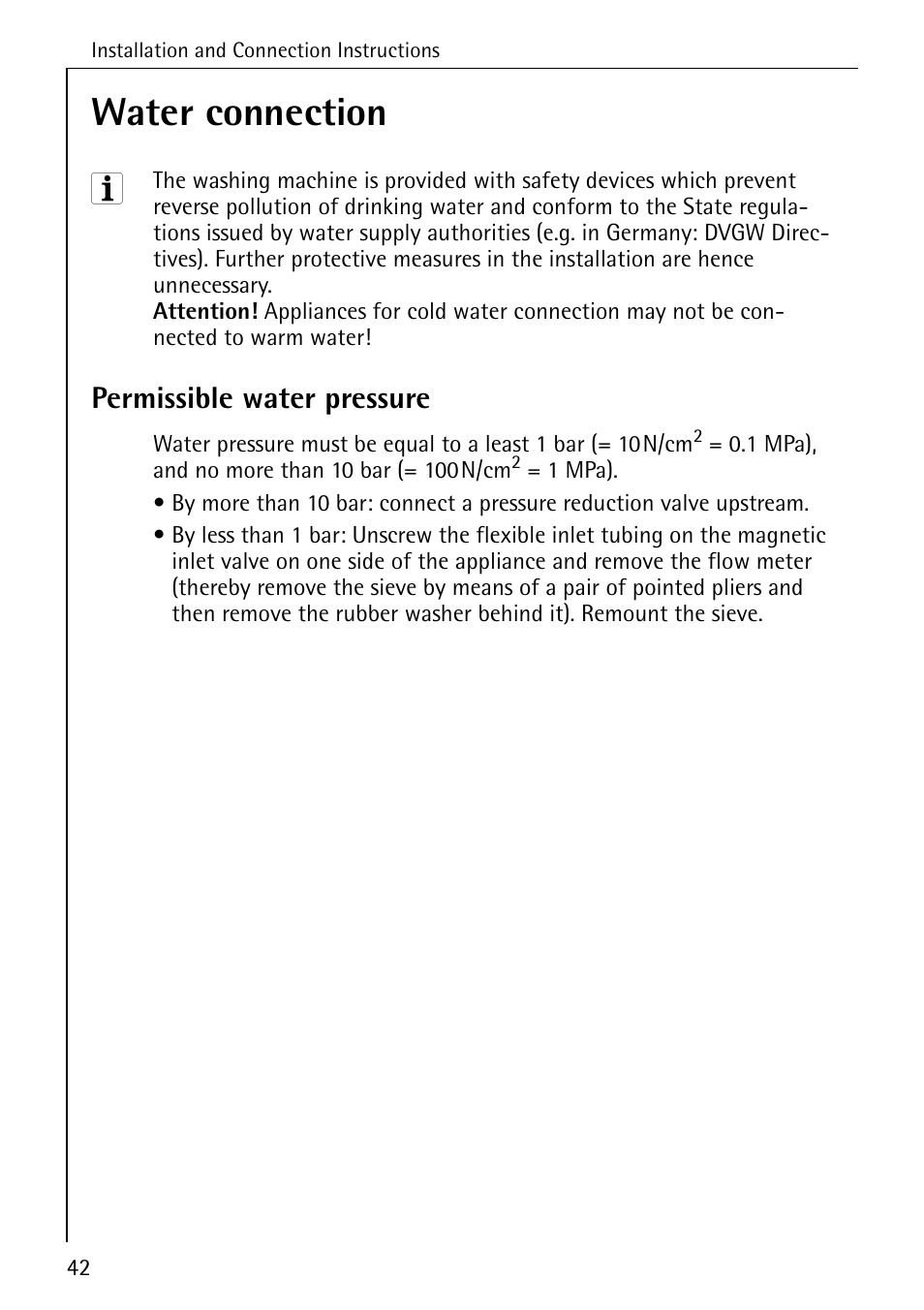 Water connection, Permissible water pressure | AEG LAVAMAT 62600 User Manual | Page 42 / 52