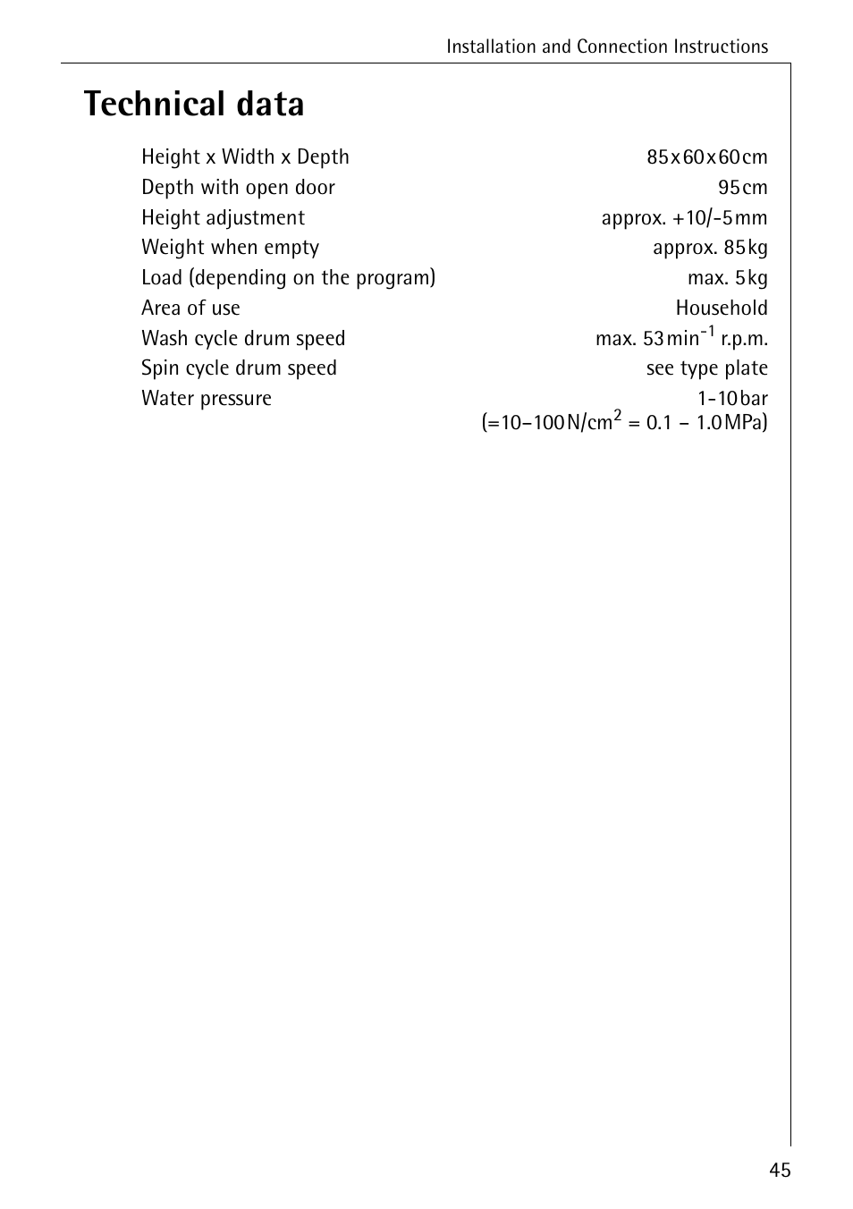 Technical data | AEG LAVAMAT 62600 User Manual | Page 45 / 52