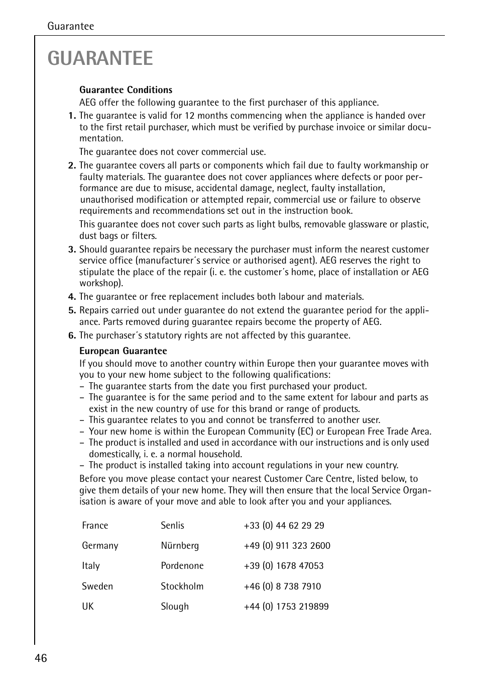 Guarantee | AEG LAVAMAT 62600 User Manual | Page 46 / 52
