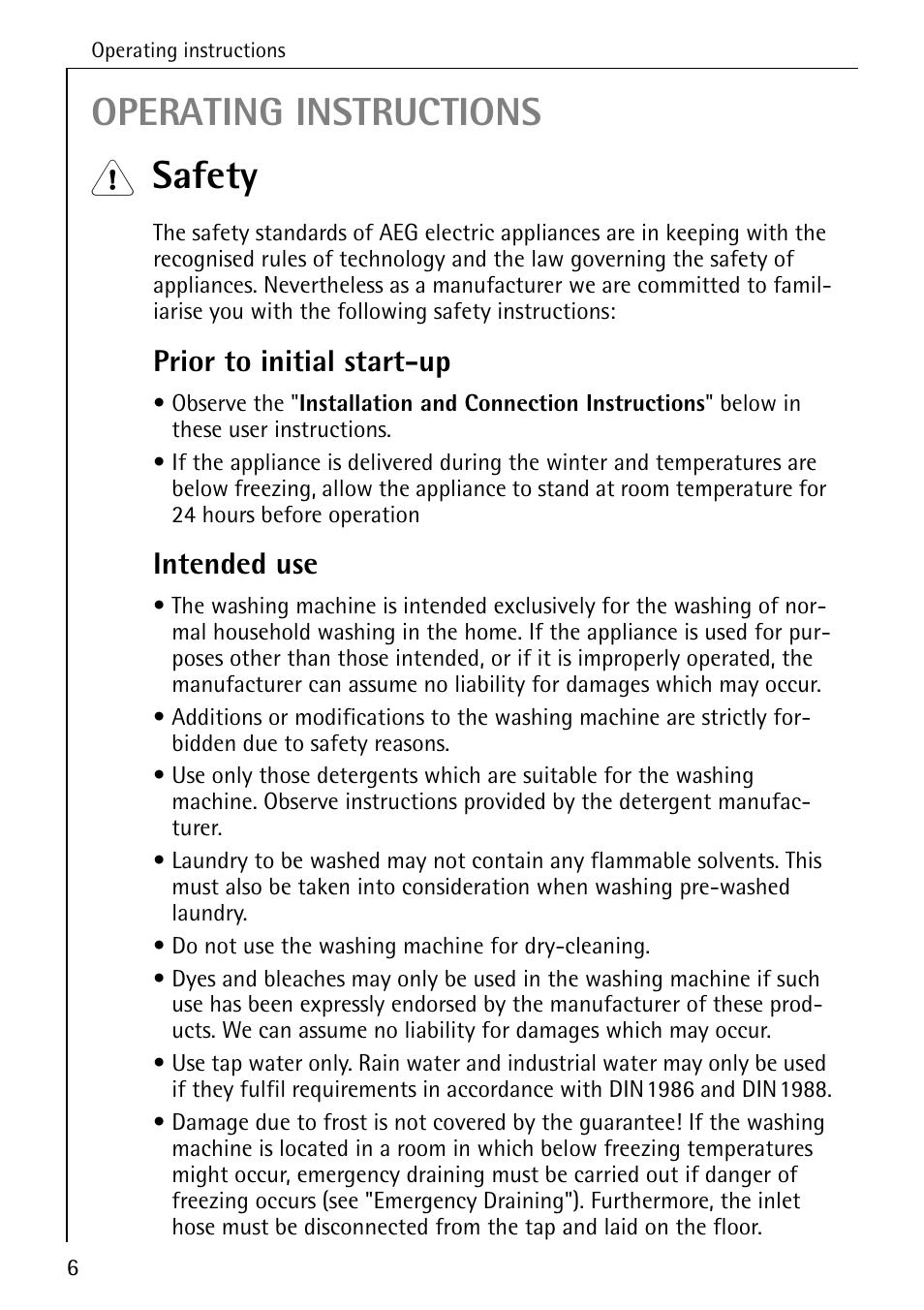 Operating instructions, Safety, Prior to initial start-up | Intended use | AEG LAVAMAT 62600 User Manual | Page 6 / 52