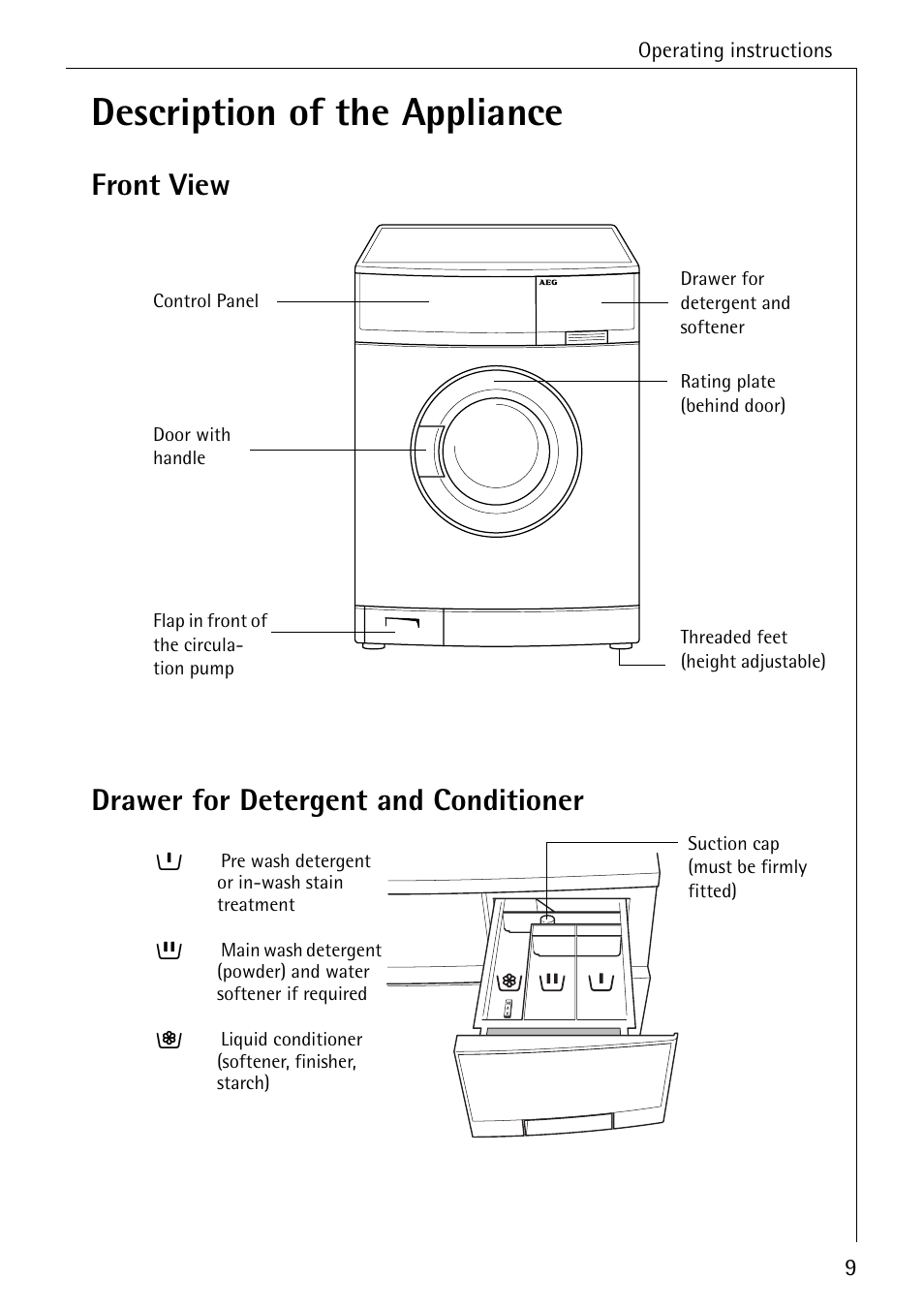 Description of the appliance, Front view drawer for detergent and conditioner | AEG LAVAMAT 62600 User Manual | Page 9 / 52