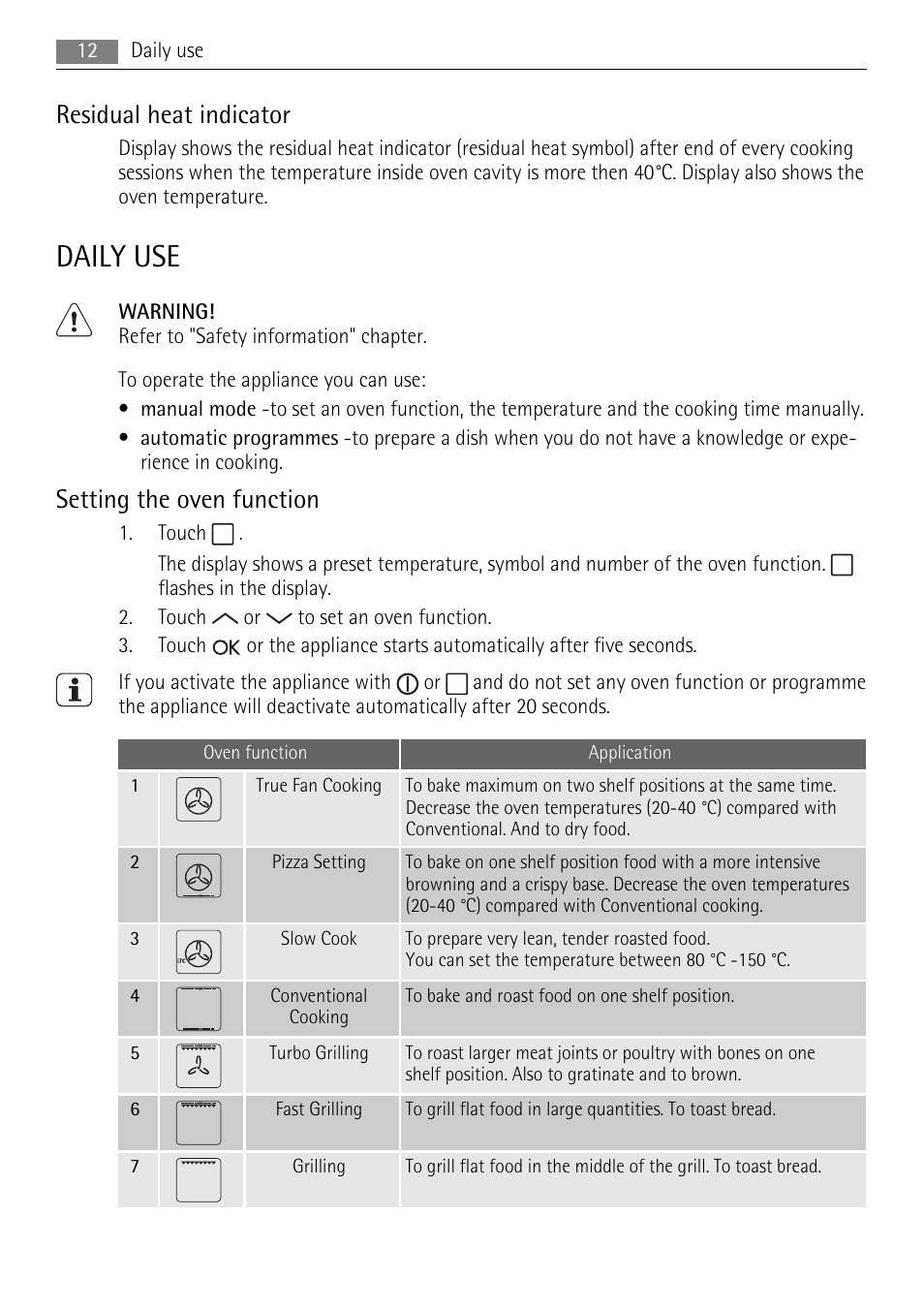 Daily use, Residual heat indicator, Setting the oven function | AEG BP7614000 User Manual | Page 12 / 32