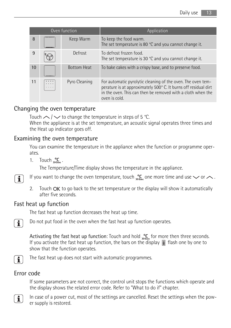 Changing the oven temperature, Examining the oven temperature, Fast heat up function | Error code | AEG BP7614000 User Manual | Page 13 / 32