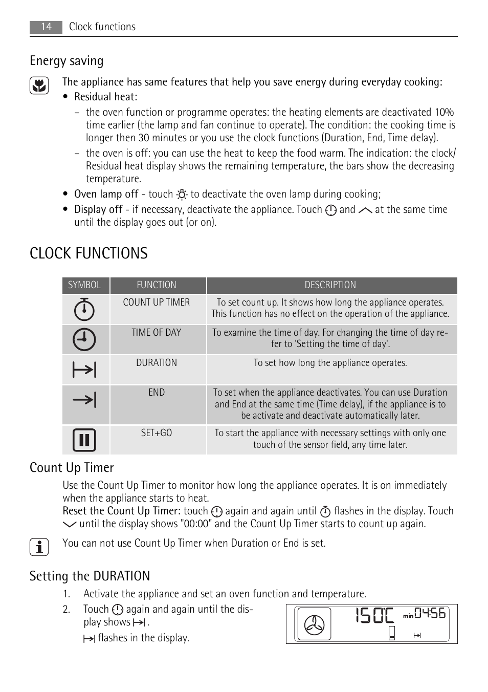 Clock functions, Energy saving, Count up timer | Setting the duration | AEG BP7614000 User Manual | Page 14 / 32
