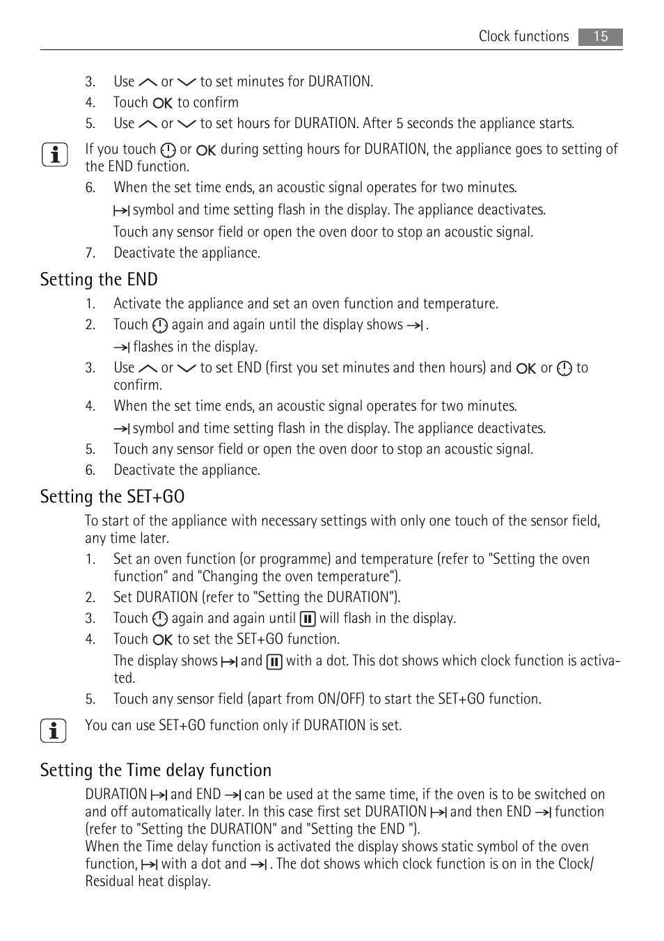 Setting the end, Setting the set+go, Setting the time delay function | AEG BP7614000 User Manual | Page 15 / 32