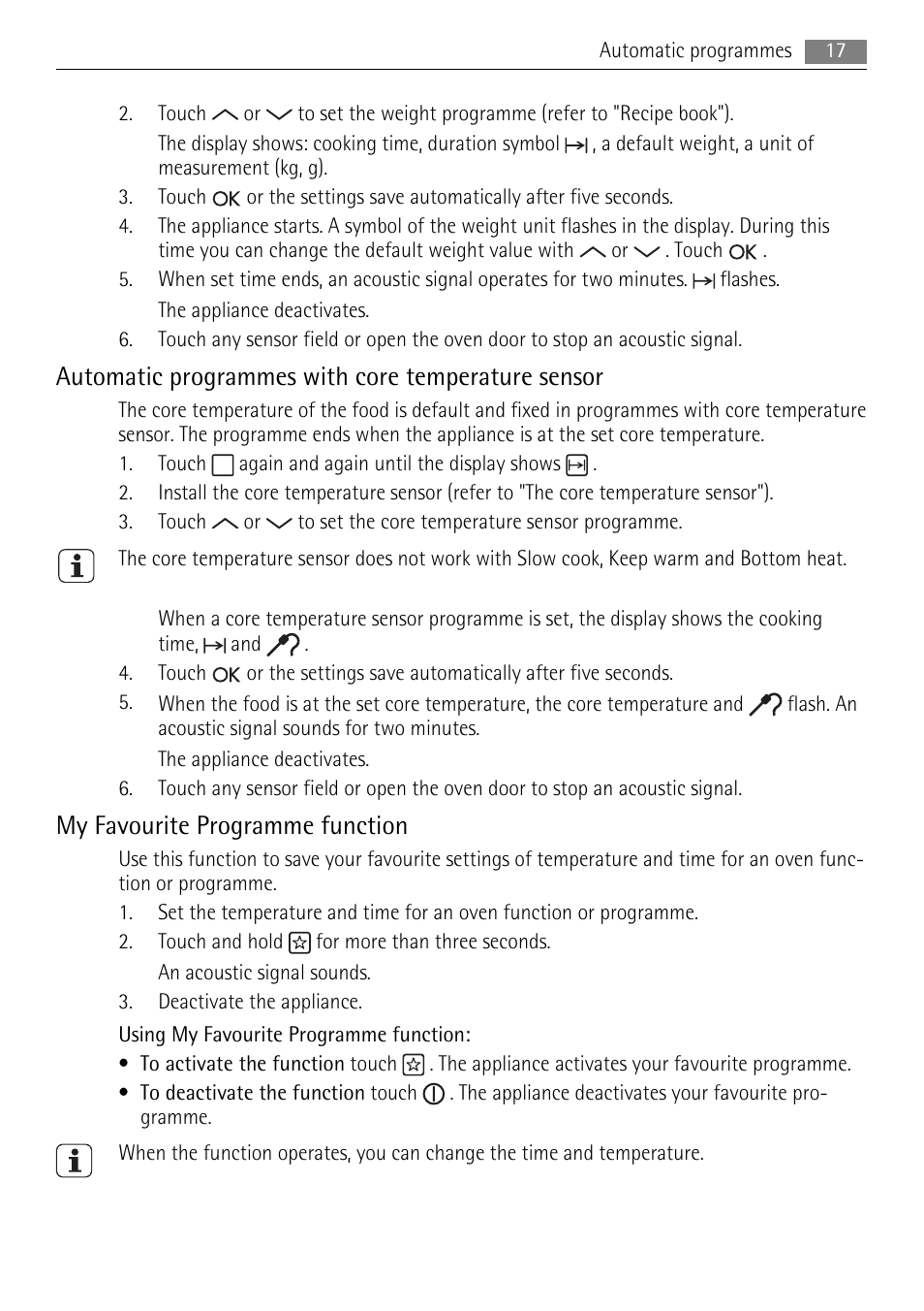 Automatic programmes with core temperature sensor, My favourite programme function | AEG BP7614000 User Manual | Page 17 / 32