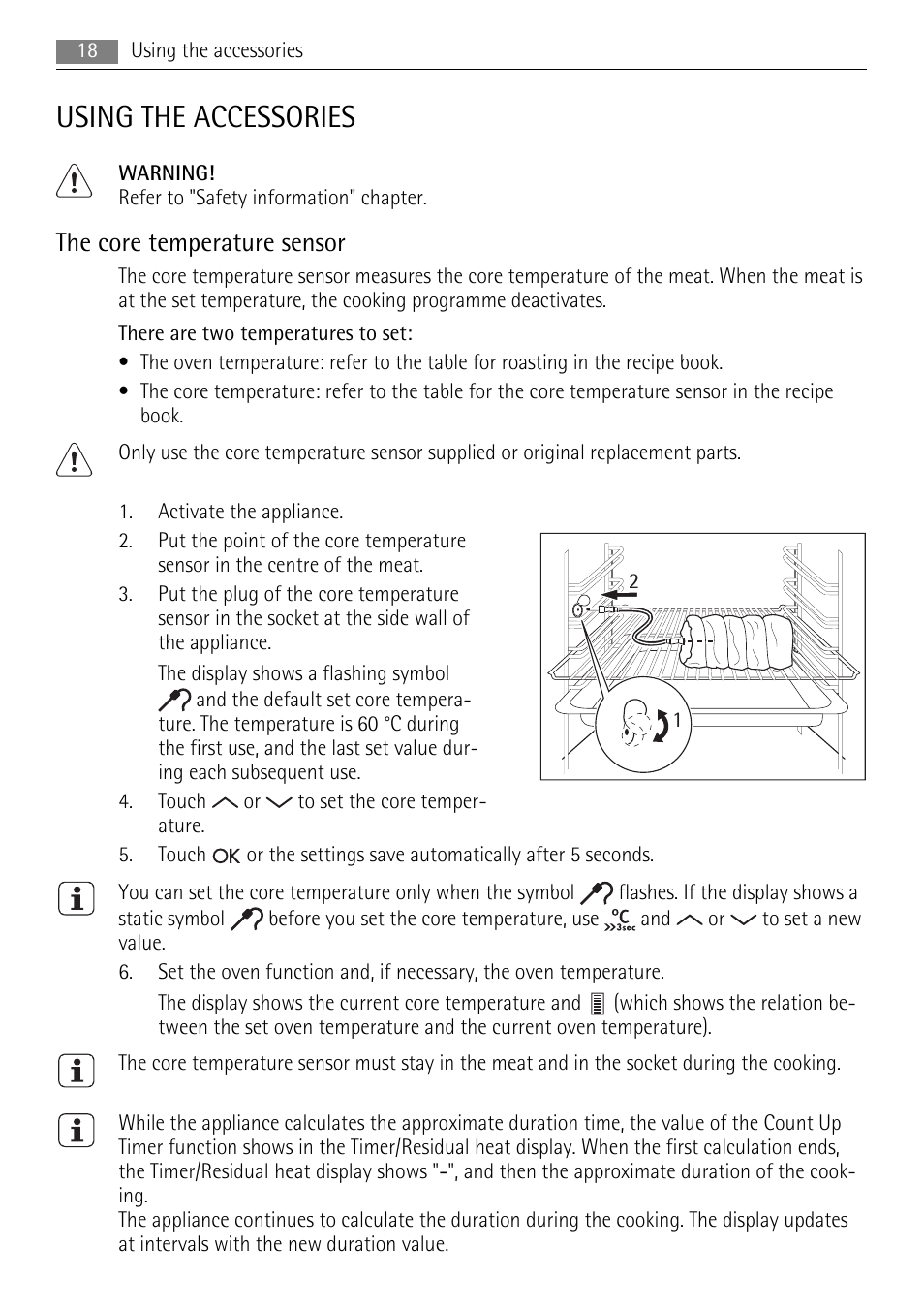 Using the accessories, The core temperature sensor | AEG BP7614000 User Manual | Page 18 / 32