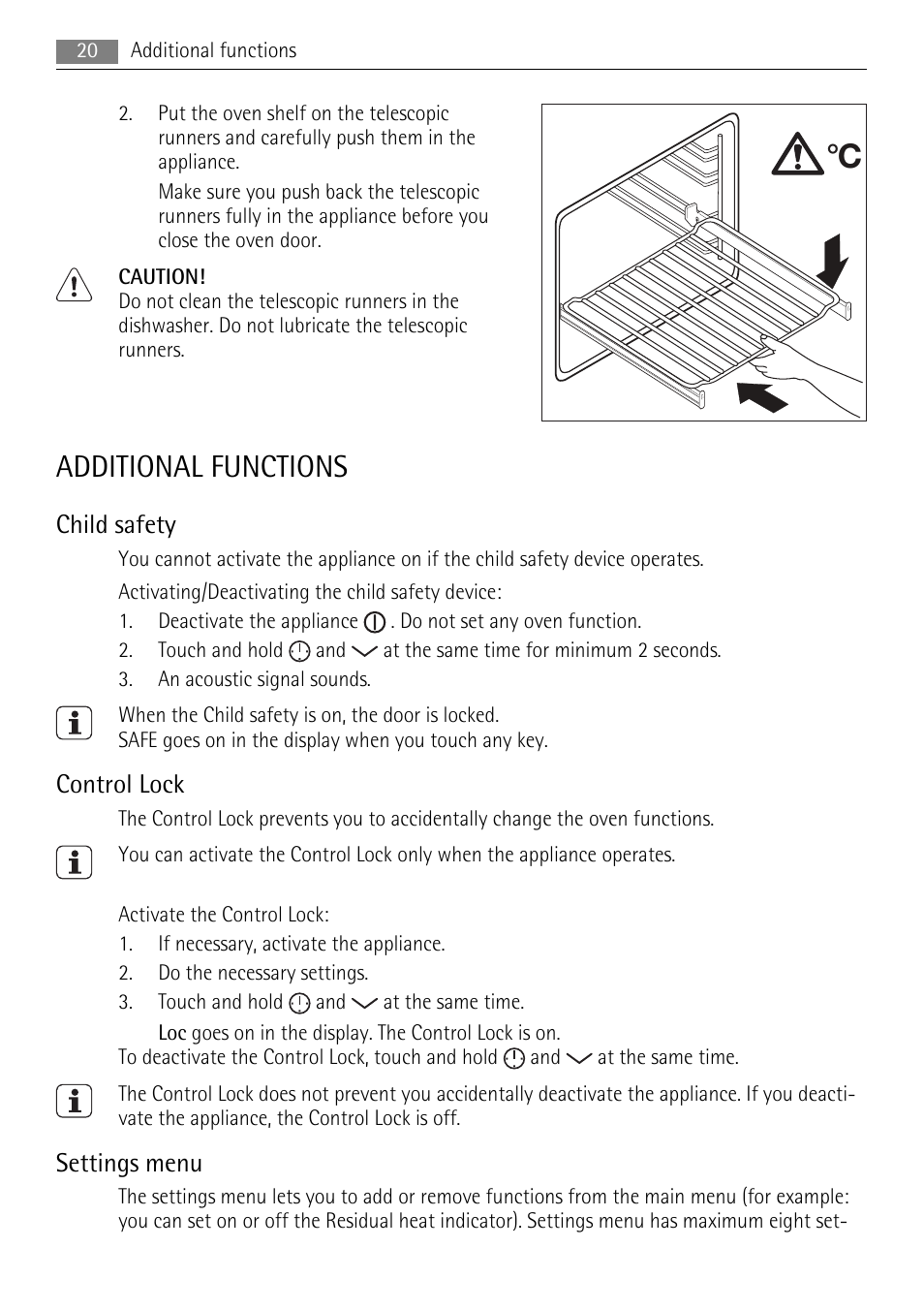 Additional functions, Child safety, Control lock | Settings menu | AEG BP7614000 User Manual | Page 20 / 32