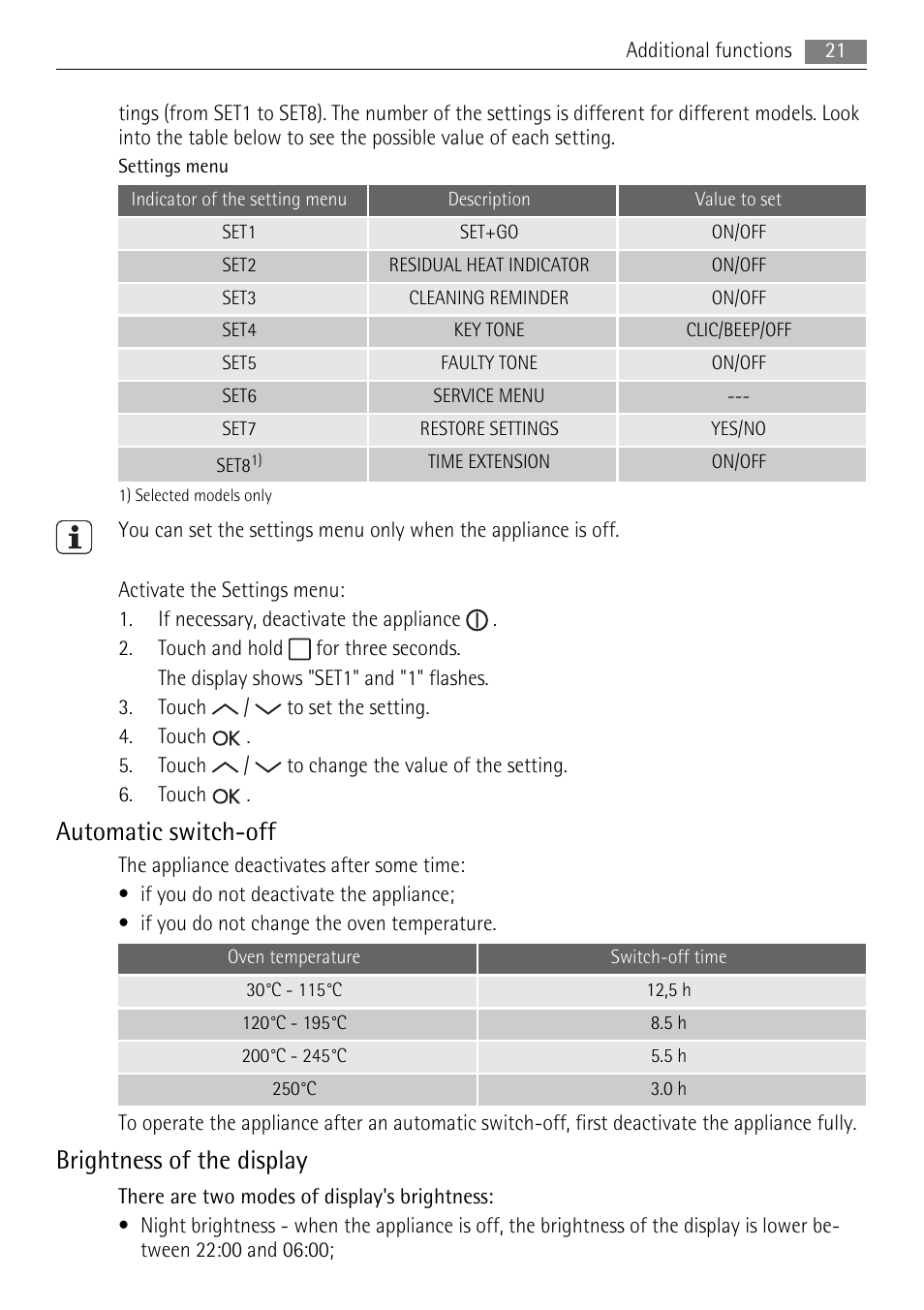 Automatic switch-off, Brightness of the display | AEG BP7614000 User Manual | Page 21 / 32
