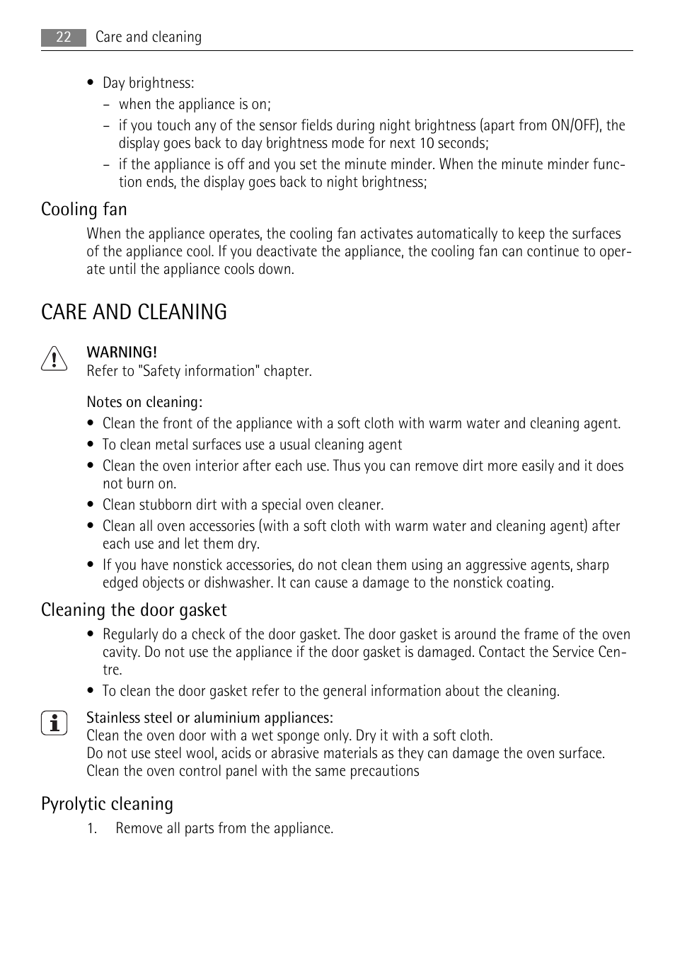 Care and cleaning, Cooling fan, Cleaning the door gasket | Pyrolytic cleaning | AEG BP7614000 User Manual | Page 22 / 32