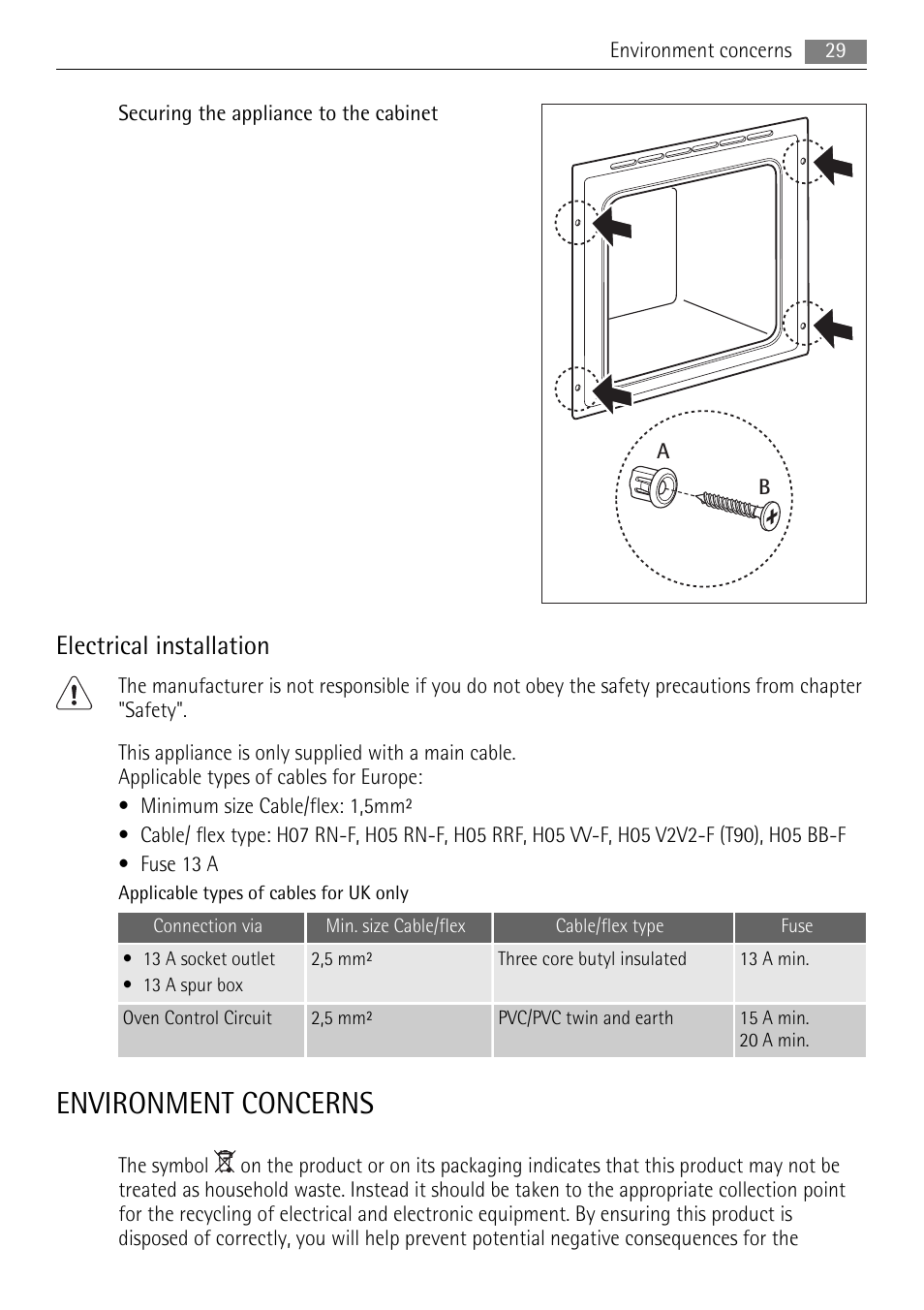 Environment concerns, Electrical installation | AEG BP7614000 User Manual | Page 29 / 32