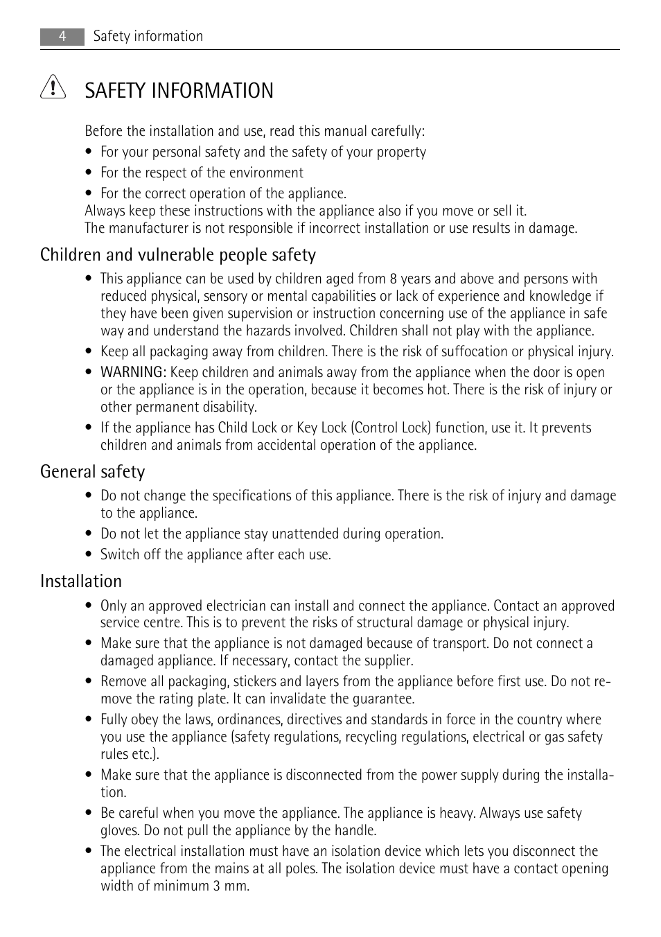 Safety information, Children and vulnerable people safety, General safety | Installation | AEG BP7614000 User Manual | Page 4 / 32