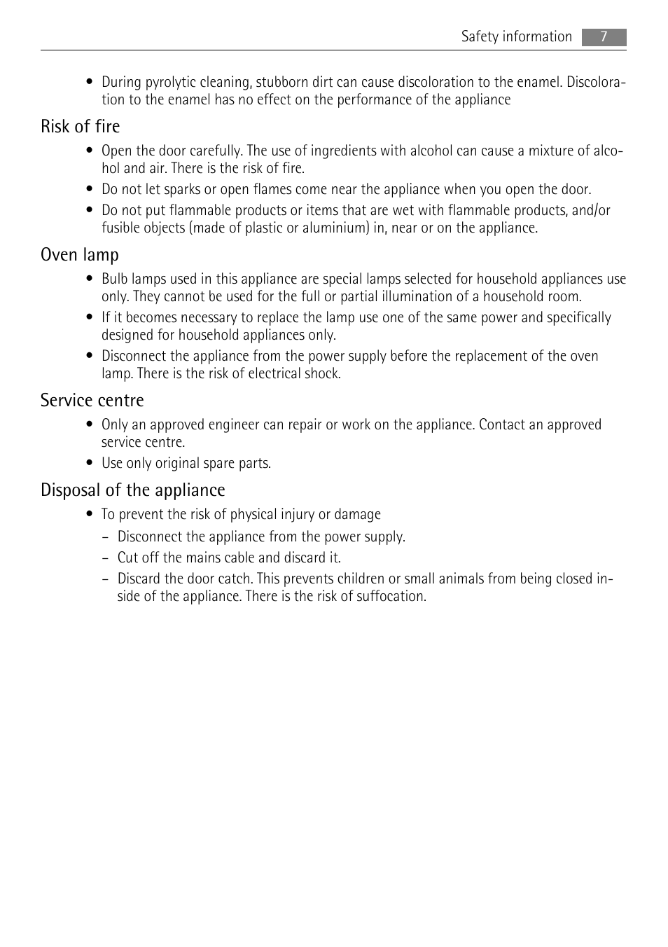 Risk of fire, Oven lamp, Service centre | Disposal of the appliance | AEG BP7614000 User Manual | Page 7 / 32