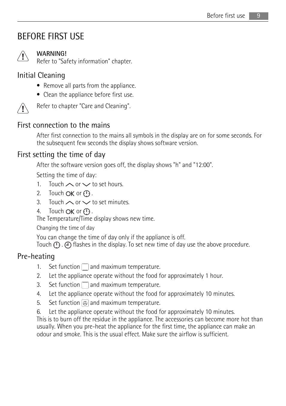Before first use, Initial cleaning, First connection to the mains | First setting the time of day, Pre-heating | AEG BP7614000 User Manual | Page 9 / 32