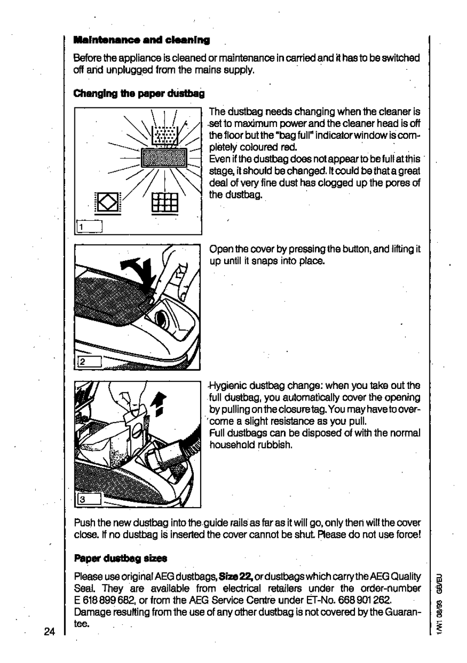 Paper dustbag sizes | AEG VAMPYR 731I User Manual | Page 10 / 16