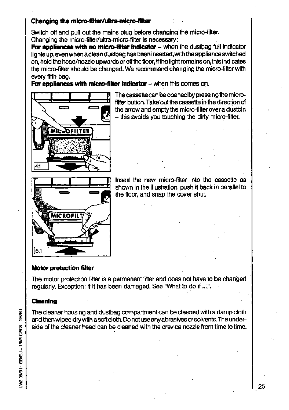 Changing the mlcro-frter/uhra-mlao-flher, Motor protection filter, Cleaning | AEG VAMPYR 731I User Manual | Page 11 / 16