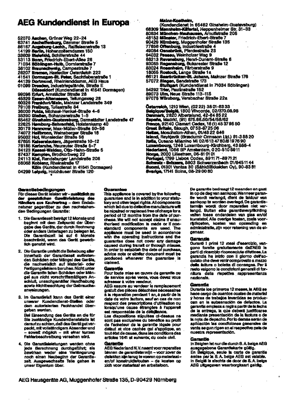 Aeg loindendienst in europa, Aeg hausgerflte ag, muggenhoterstraee, Nomborg | AEG VAMPYR 731I User Manual | Page 16 / 16