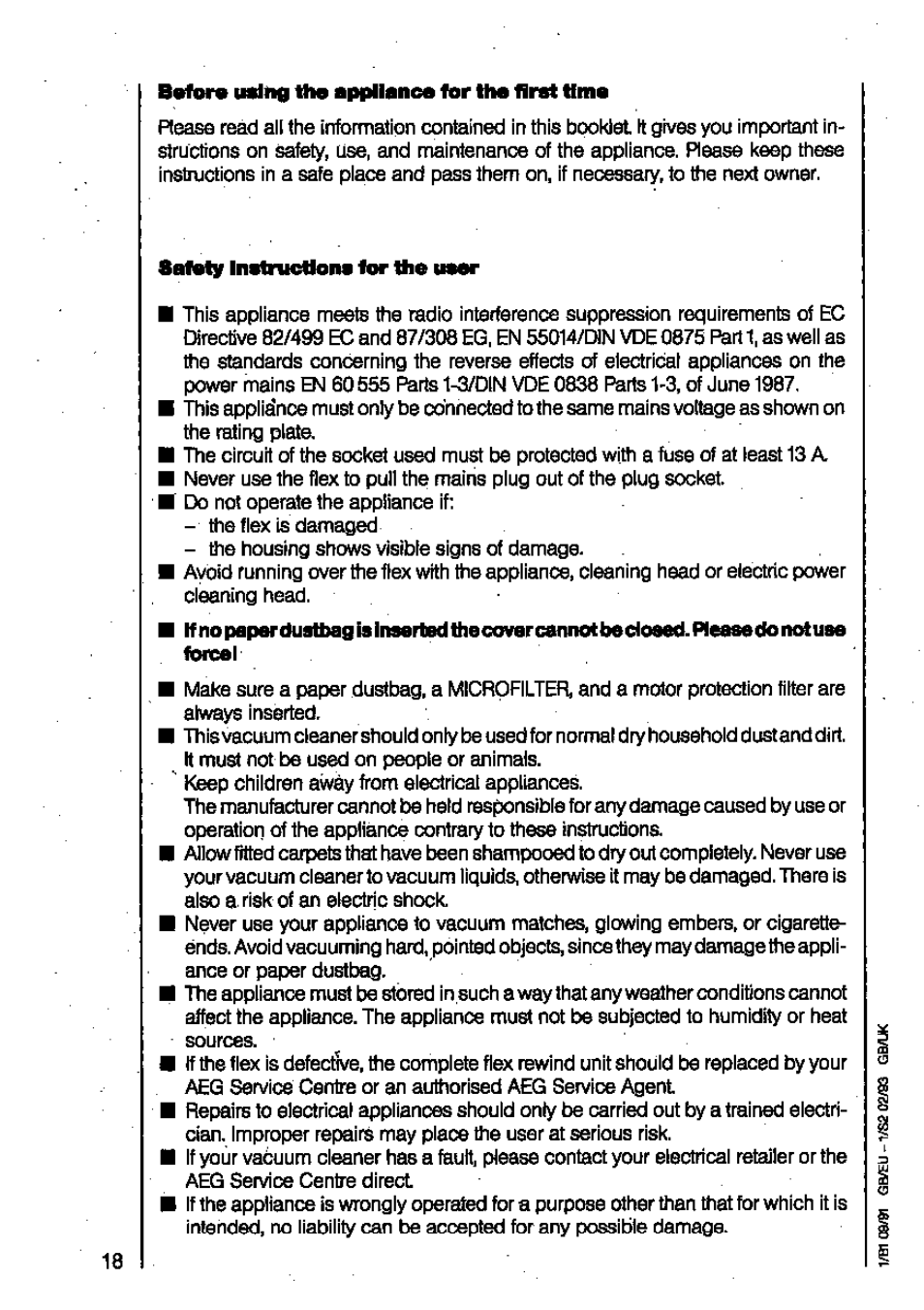 Safety inatrucuora tar the, For« using the tar the first urns | AEG VAMPYR 731I User Manual | Page 4 / 16