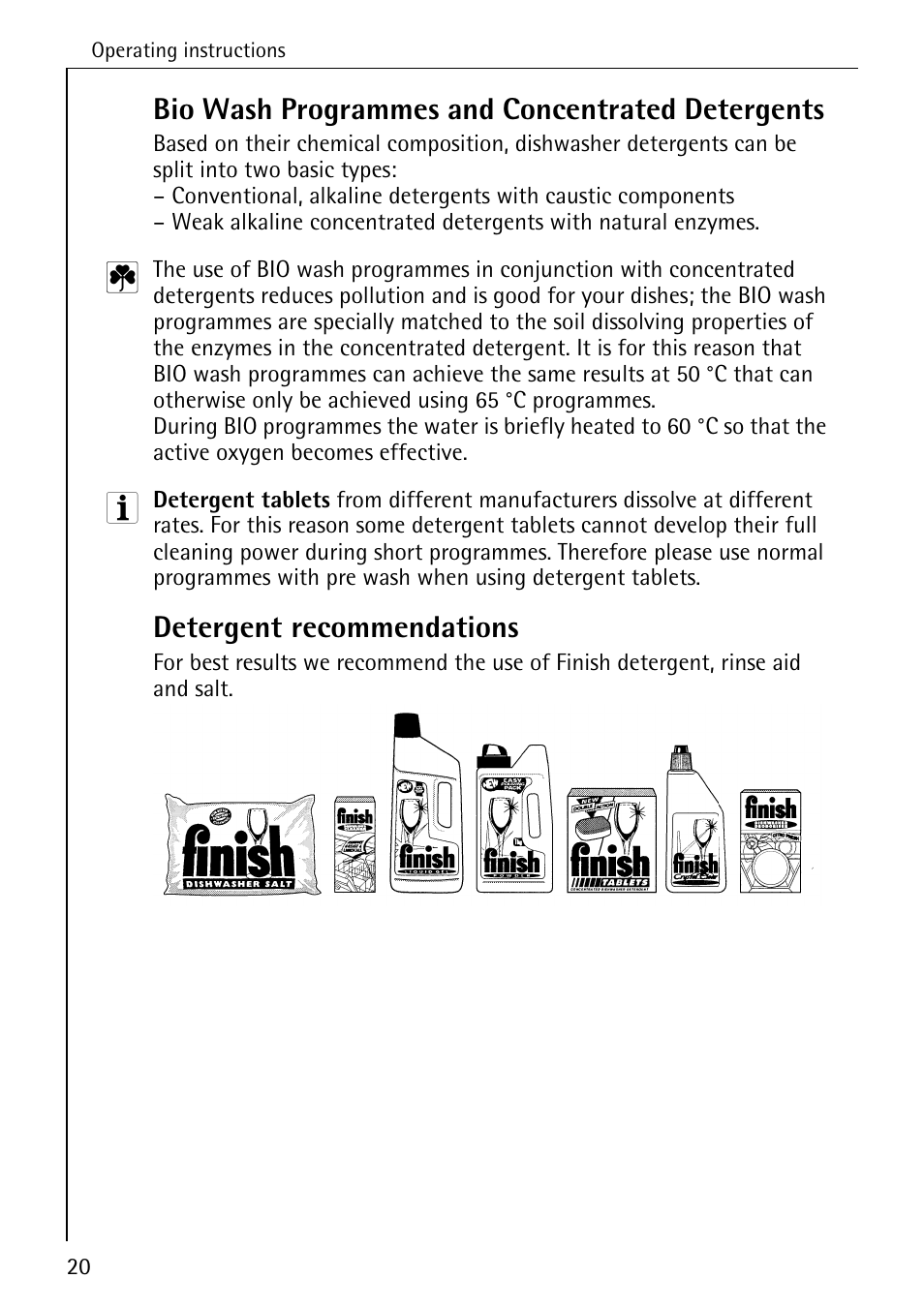 Bio wash programmes and concentrated detergents, Detergent recommendations | AEG KO_FAVORIT 5071 User Manual | Page 20 / 40