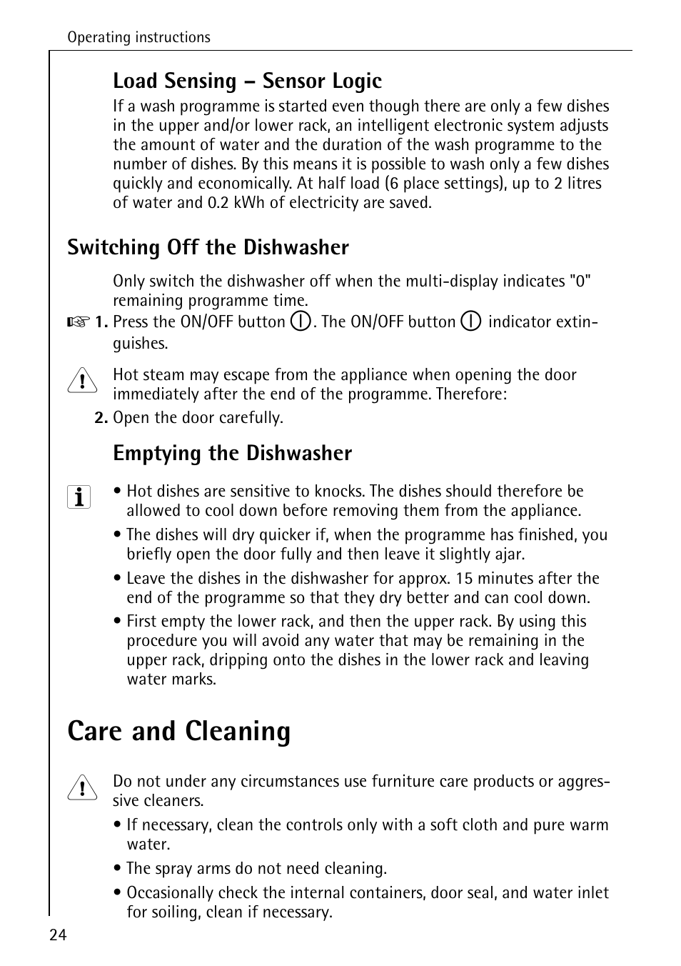 Care and cleaning, Load sensing – sensor logic, Switching off the dishwasher | Emptying the dishwasher | AEG KO_FAVORIT 5071 User Manual | Page 24 / 40