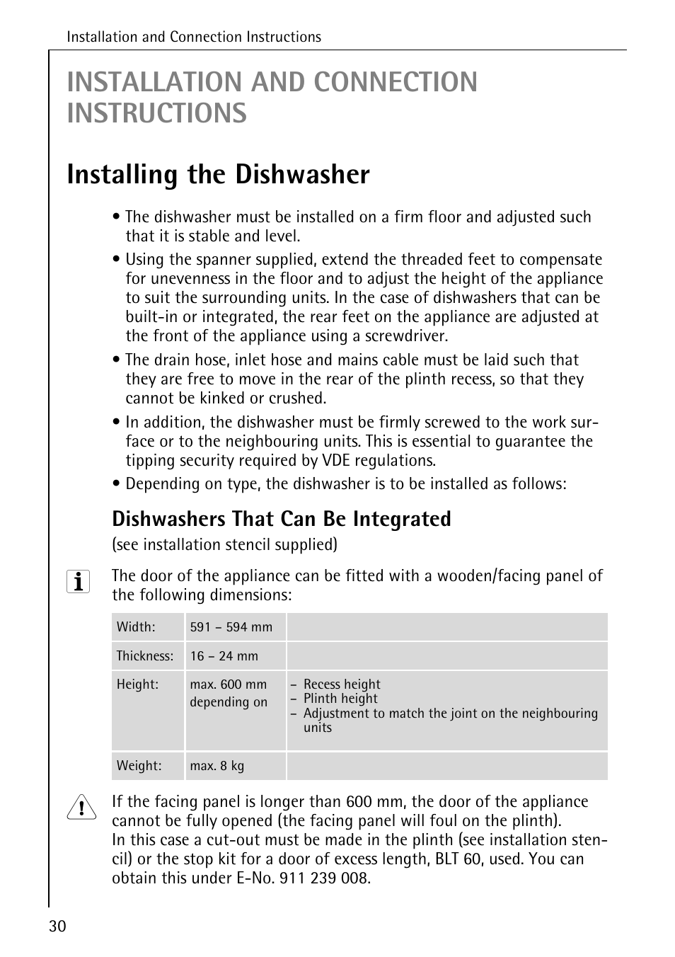 Dishwashers that can be integrated | AEG KO_FAVORIT 5071 User Manual | Page 30 / 40