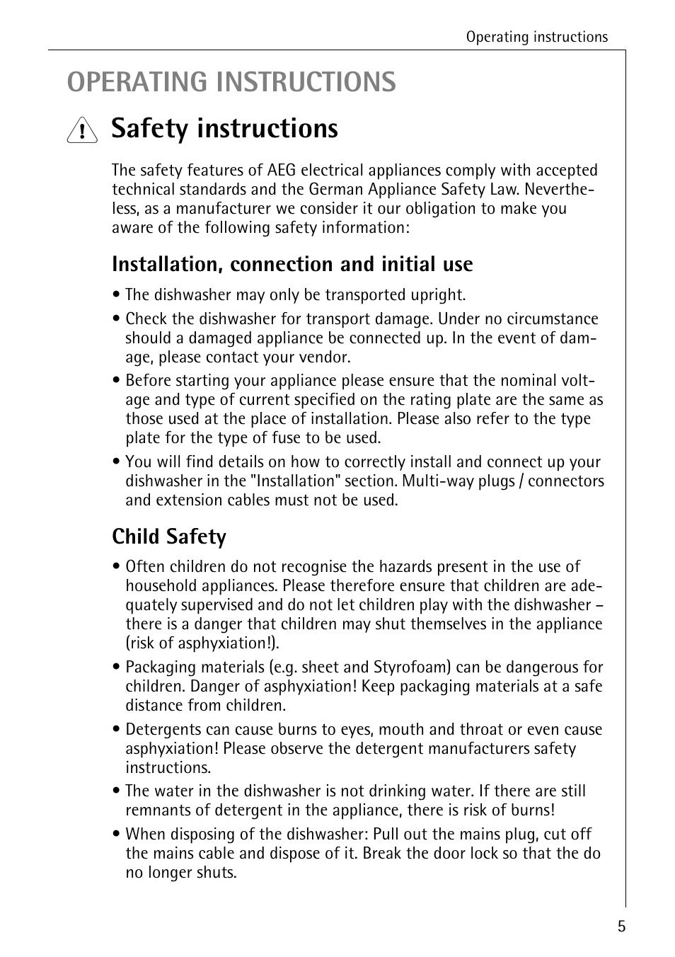 Operating instructions, Safety instructions, Installation, connection and initial use | Child safety | AEG KO_FAVORIT 5071 User Manual | Page 5 / 40