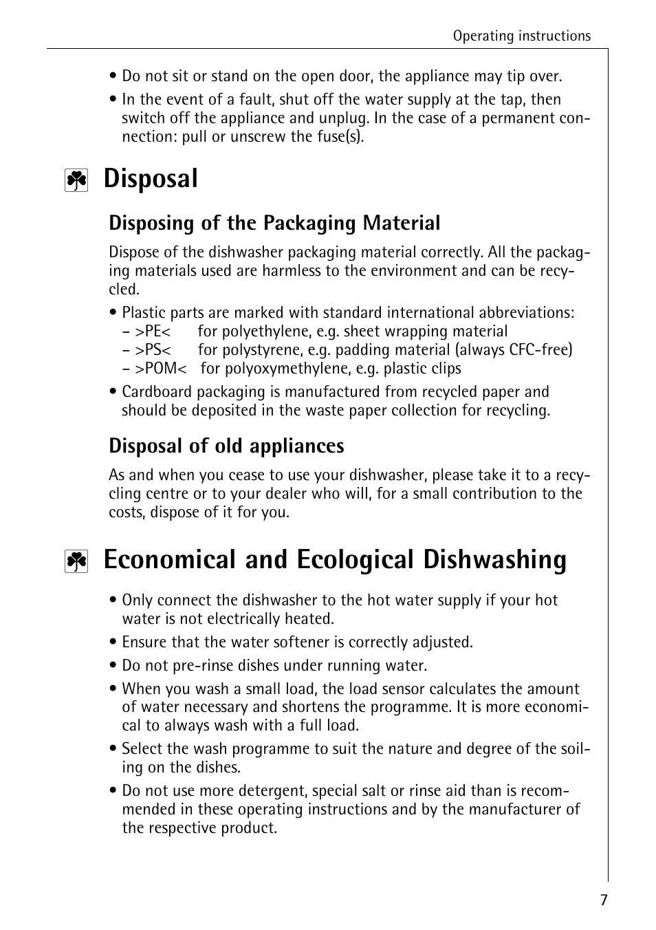 Disposal, Economical and ecological dishwashing, Disposing of the packaging material | Disposal of old appliances | AEG KO_FAVORIT 5071 User Manual | Page 7 / 40