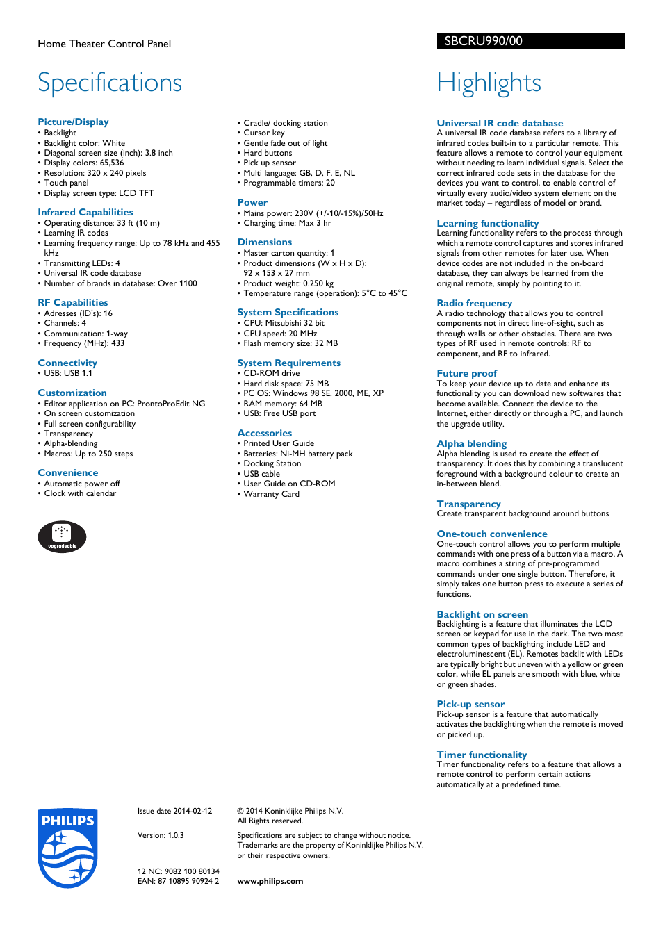 Specifications, Highlights | Philips Pronto Panel de control del cine en casa User Manual | Page 2 / 2