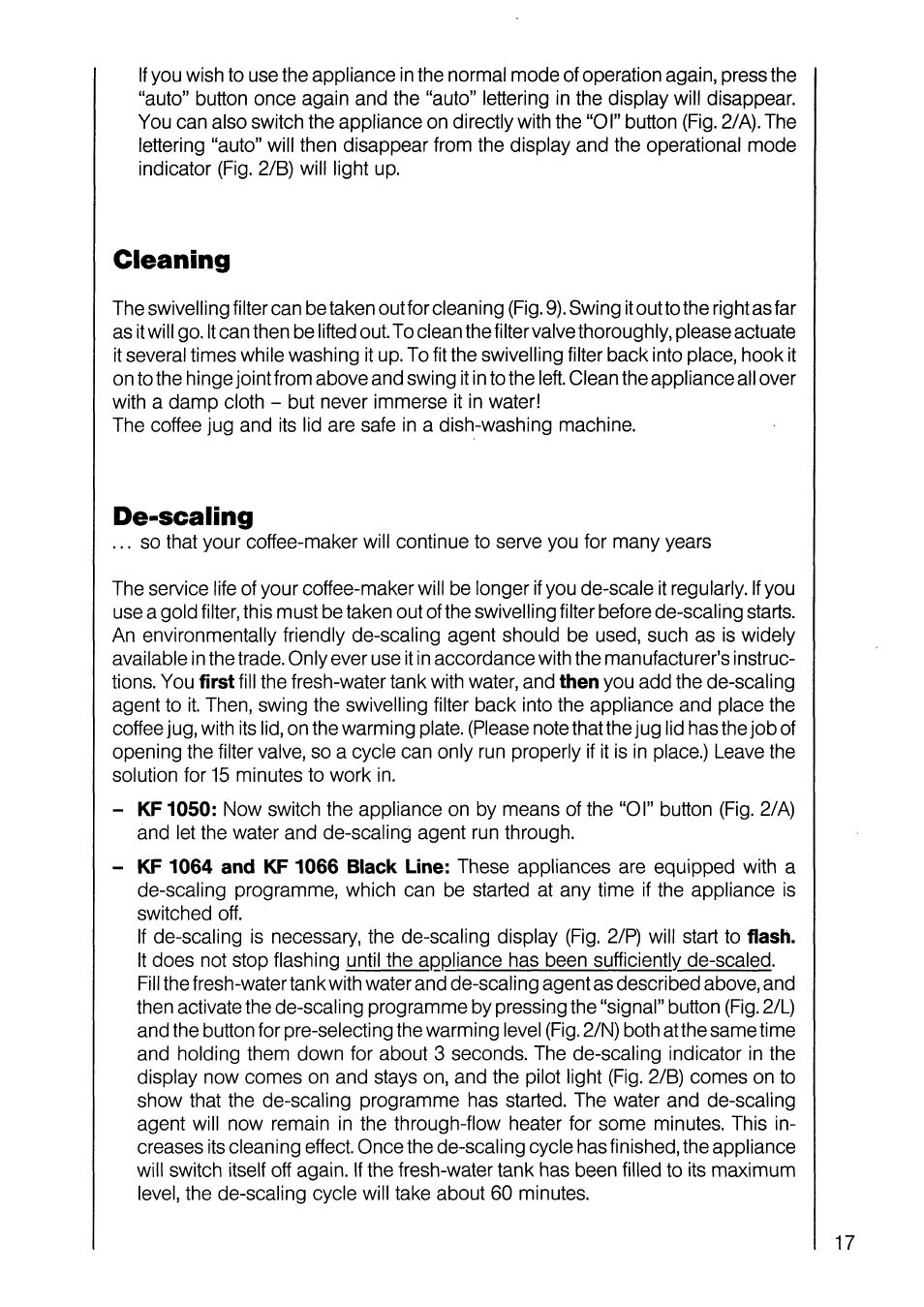 Cleaning, De-scaling | AEG KF 1064 User Manual | Page 11 / 12