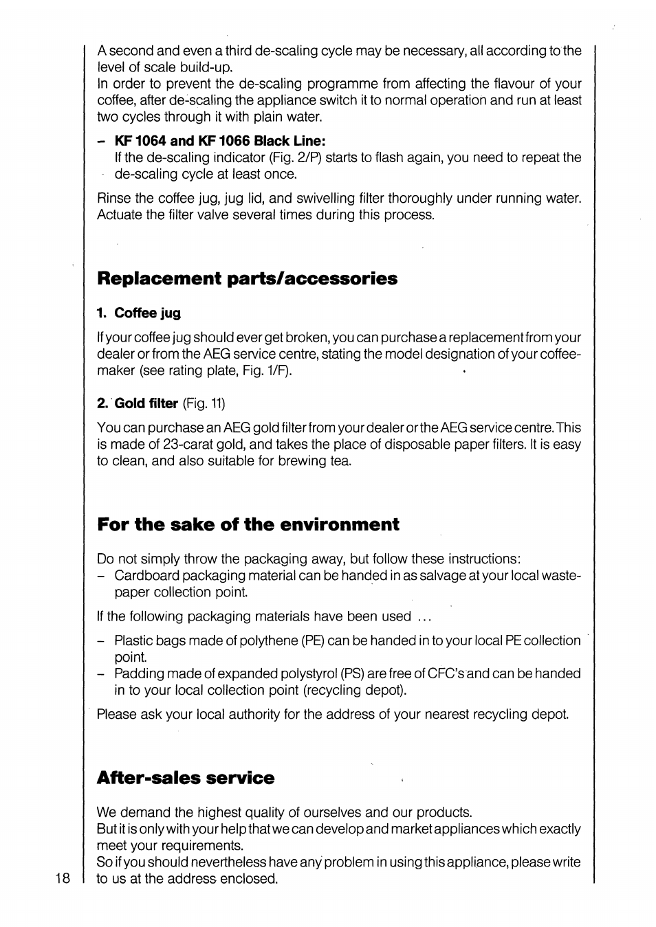 Kf1064 and kf1066 black line, Replacement parts/accessories, Coffee jug | For the sake of the environment, After-sales service | AEG KF 1064 User Manual | Page 12 / 12