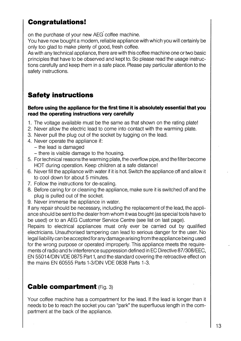 Congratulations, Safety instructions, Cable compartment (rg. 3) | Cable compartment | AEG KF 1064 User Manual | Page 7 / 12