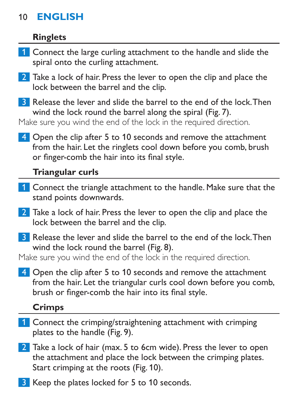 Ringlets, Triangular curls, Crimps | Philips Plancha multiestilo User Manual | Page 10 / 120