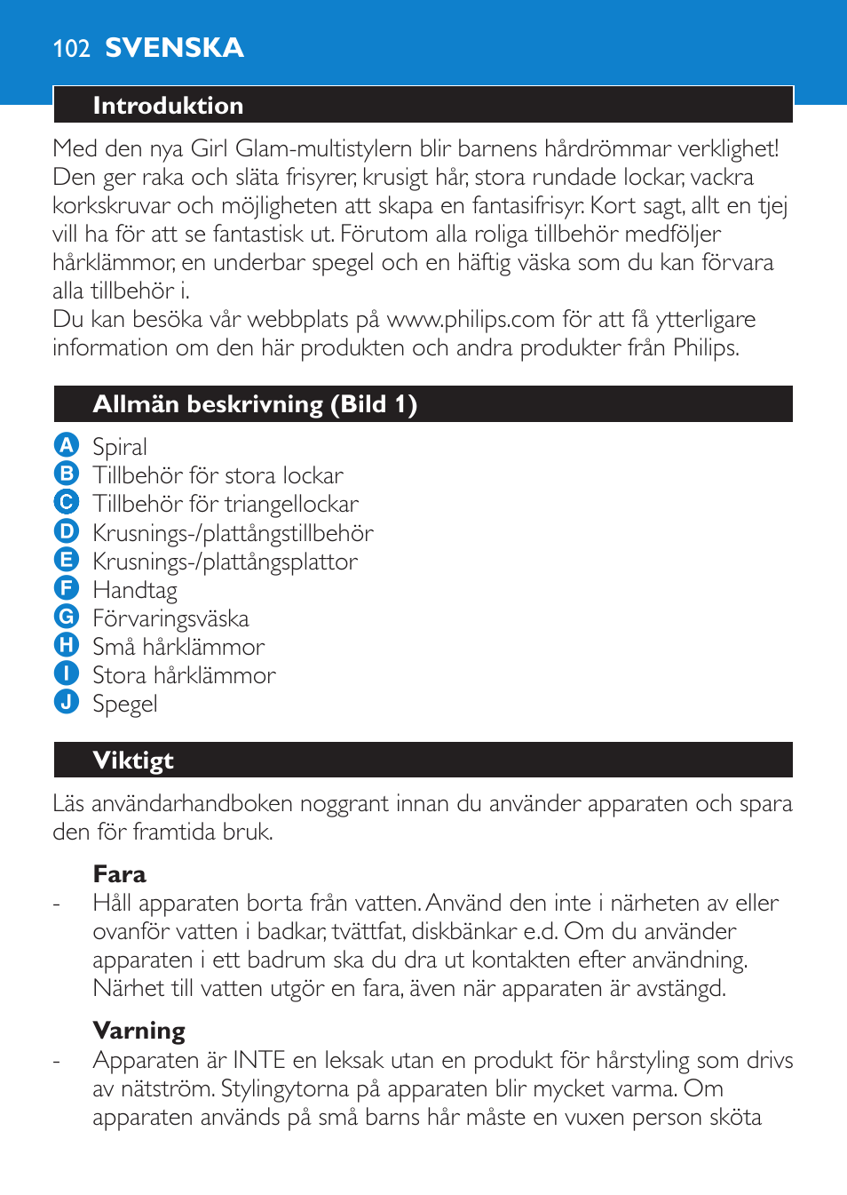 Fara, Varning, Svenska | Introduktion, Allmän beskrivning (bild 1), Viktigt | Philips Plancha multiestilo User Manual | Page 102 / 120