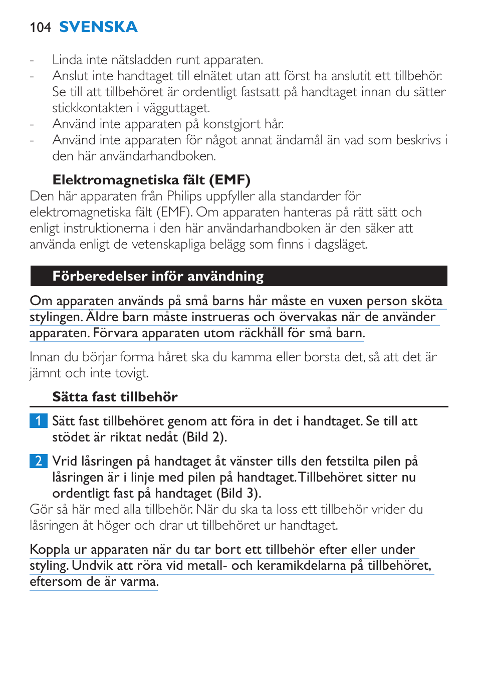 Elektromagnetiska fält (emf), Förberedelser inför användning, Sätta fast tillbehör | Philips Plancha multiestilo User Manual | Page 104 / 120