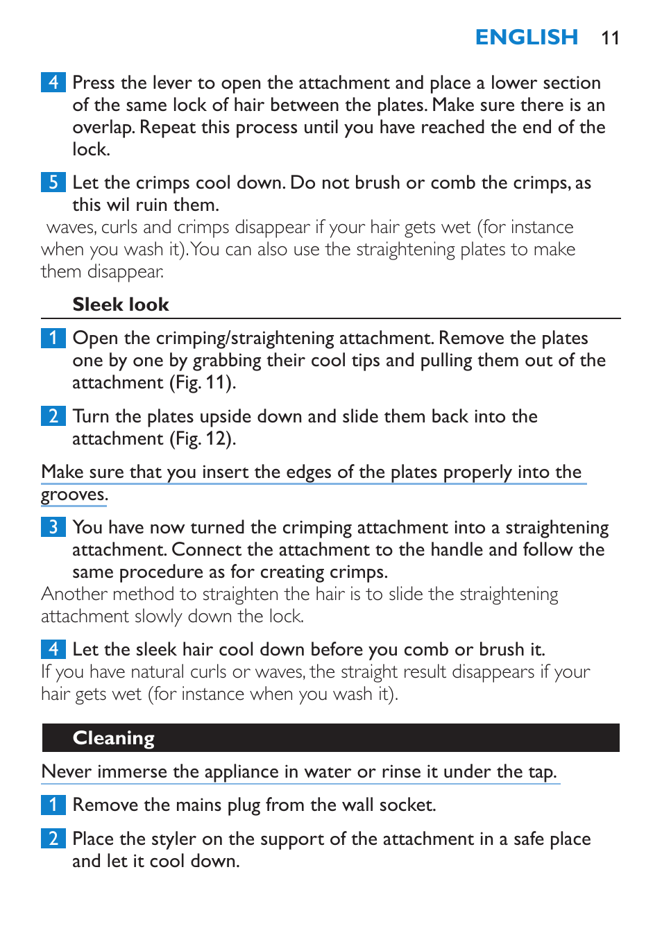 Sleek look, Cleaning | Philips Plancha multiestilo User Manual | Page 11 / 120