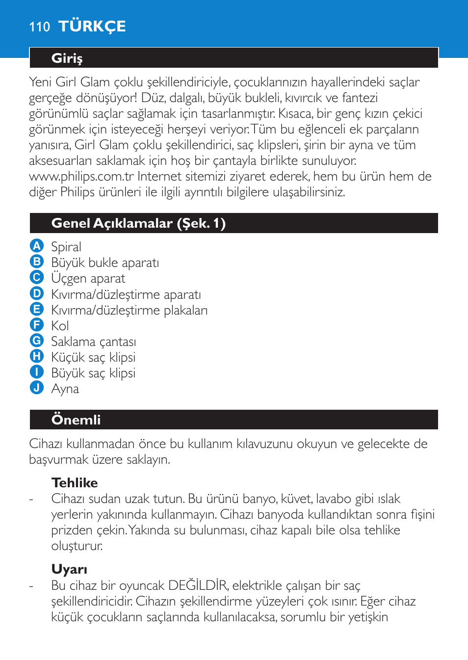 Tehlike, Uyarı, Türkçe | Giriş, Genel açıklamalar (şek. 1), Önemli | Philips Plancha multiestilo User Manual | Page 110 / 120